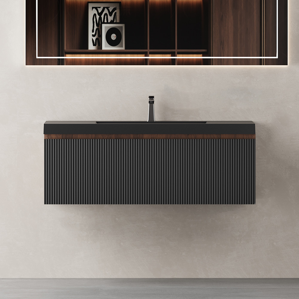 42″ Wall Mounted Bathroom Vanity w/Black Sink, Floating Vanity Cabinet, Drawer