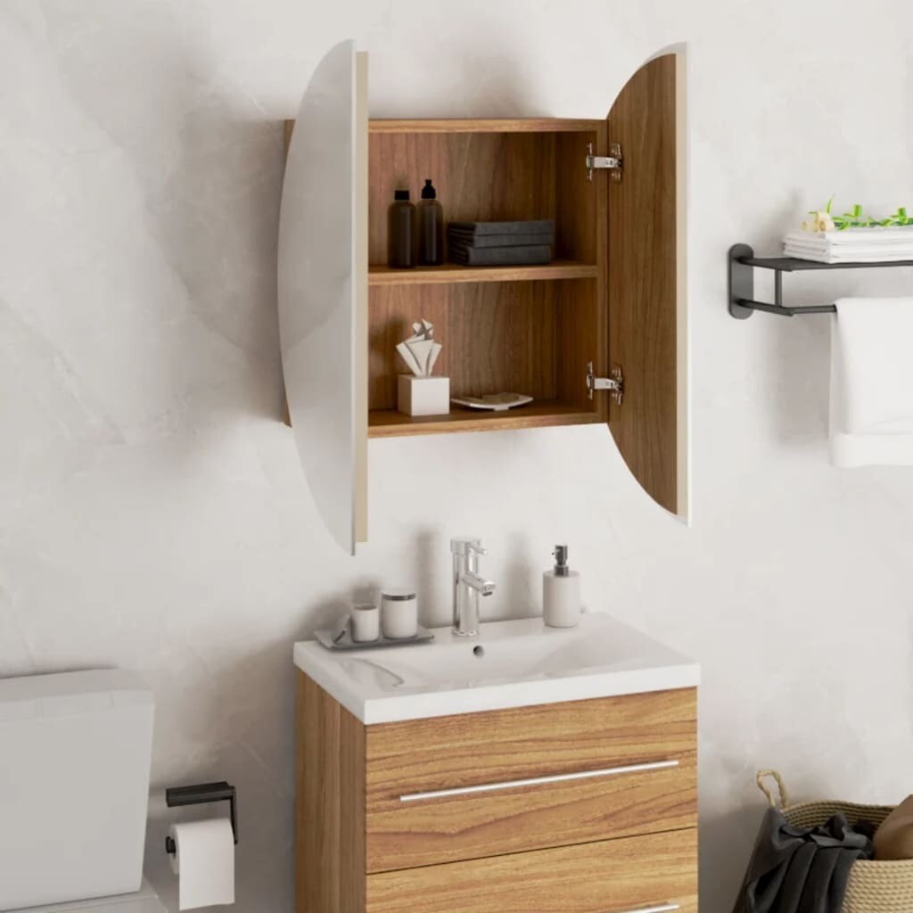 Bathroom Cabinet with Round Mirror&LED Oak 18.5″x18.5″x6.9″