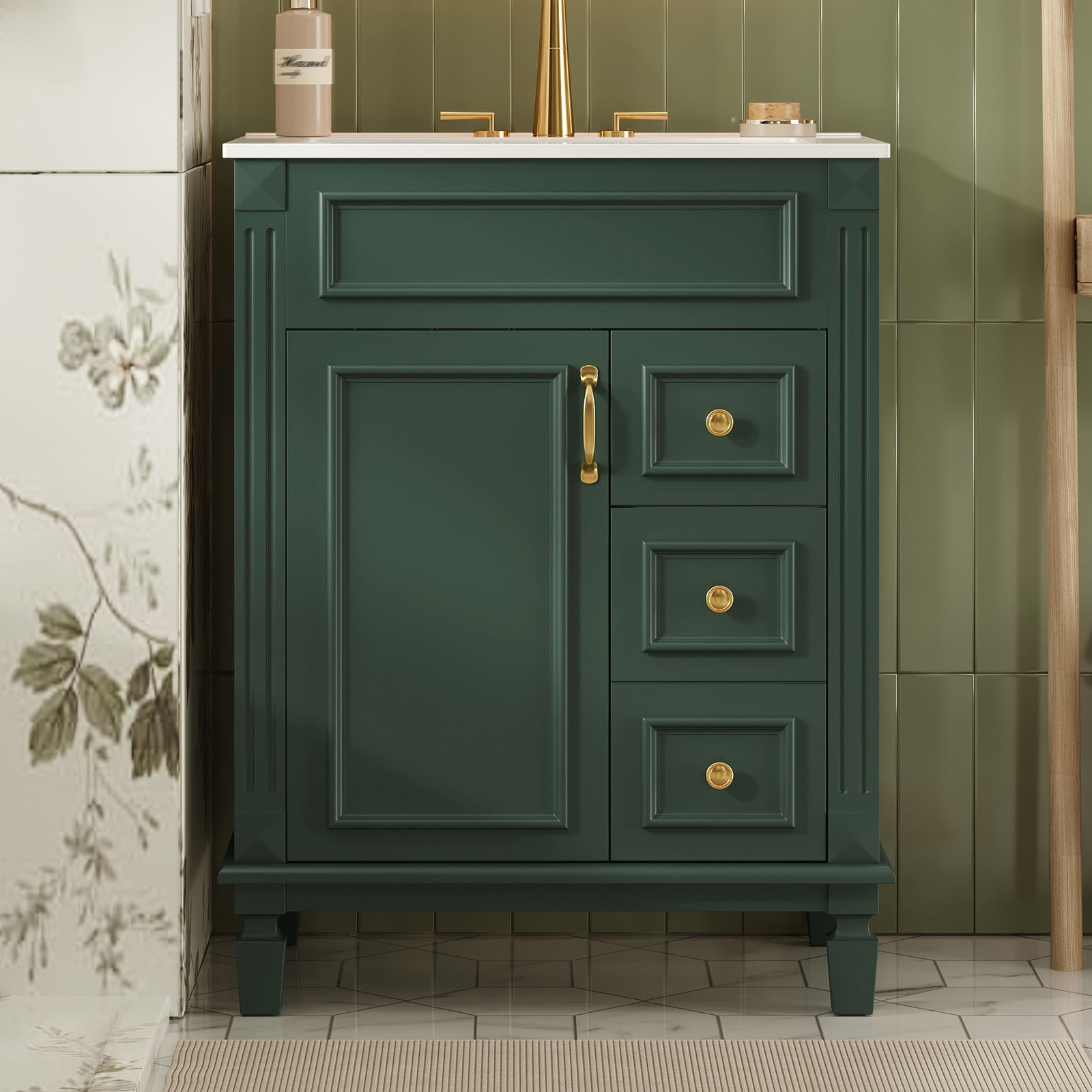 24″ Bathroom Vanity w/Ceramic Sink, Small Bathroom Sink Cabinet with 2 Drawers