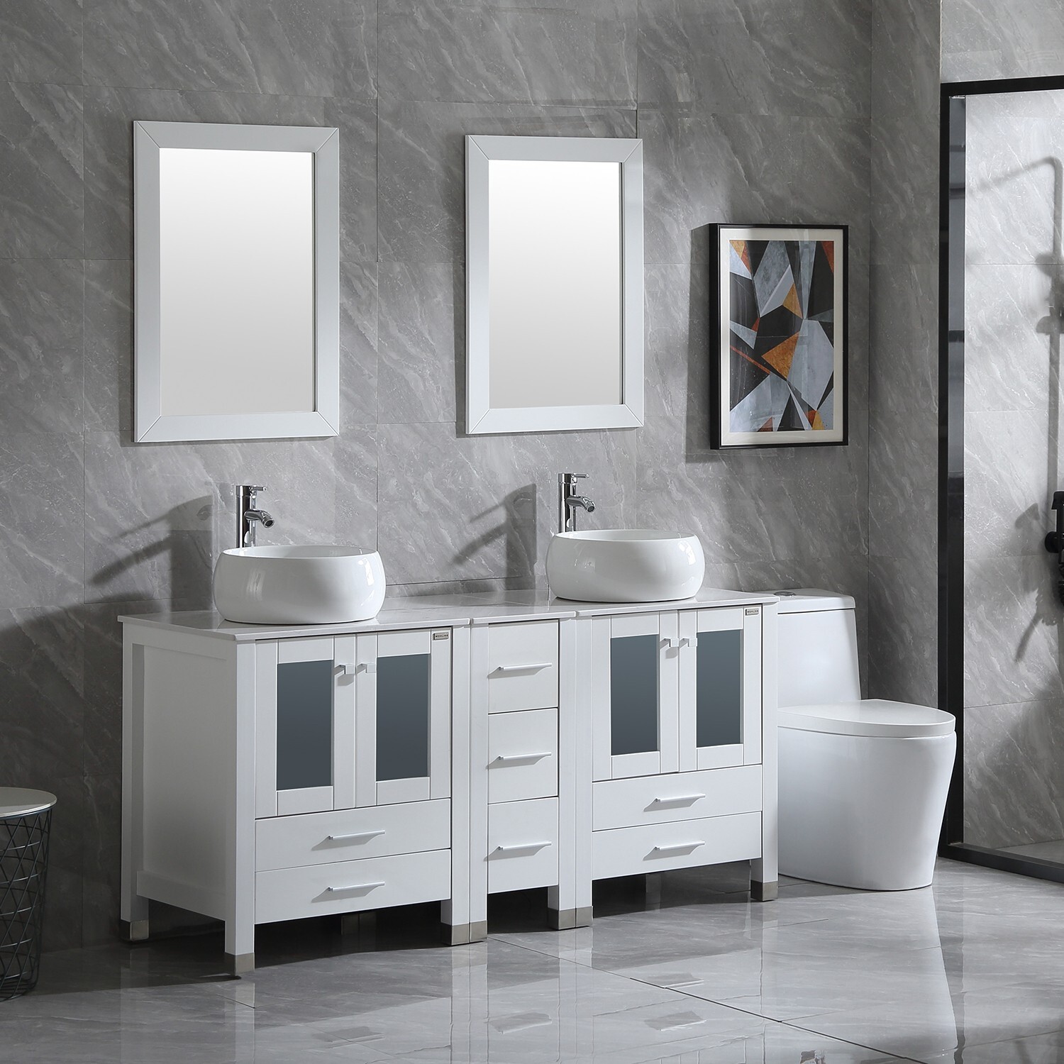60″ Double Bathroom Vanity White Cabinet Glass Vessel Sink Bowl Mirror w/Faucet