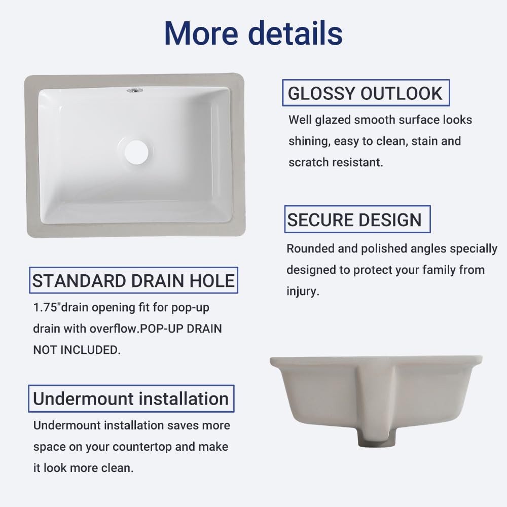 16in Undermount Bathroom Sink Rectangular, 15.7″ x11.8″ Small Vessel Sink Rec…