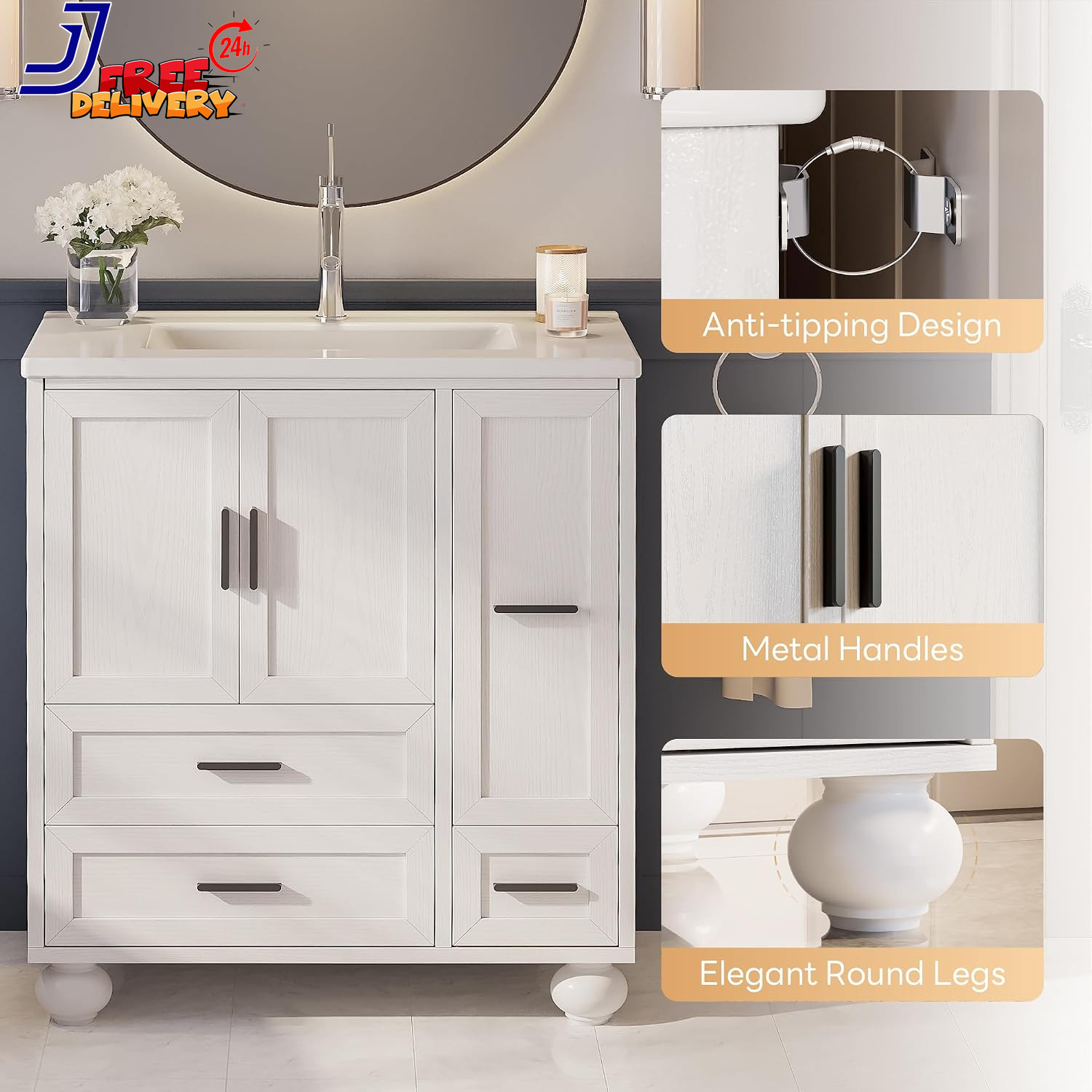 Modern 29.5″ Bathroom Vanity with Sink Hair Tool Drawer & Quick Assembly