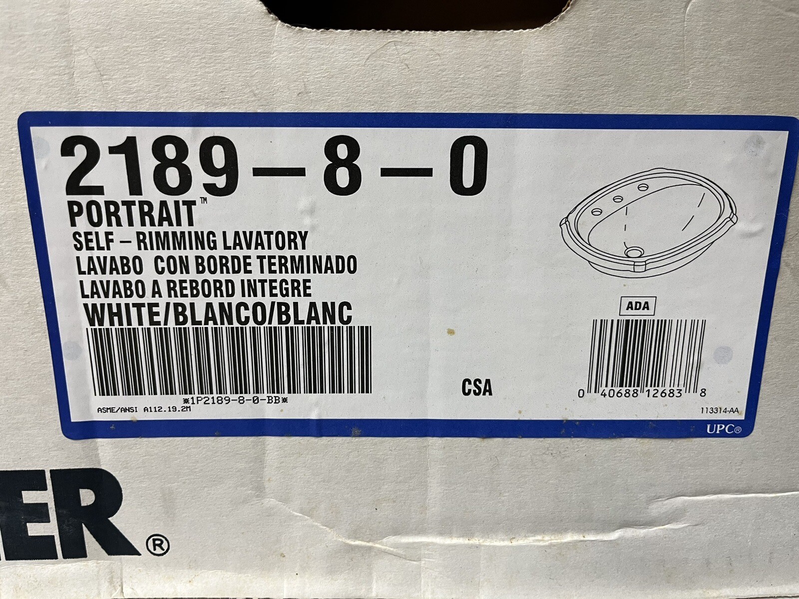 Kohler K-2189-8-0 Portrait Self-Rimming Bathroom Sink, white, NEW