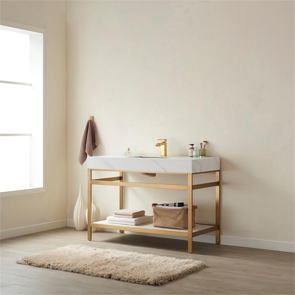 Funes 48″ Single Sink Bathroom Vanity in Brushed Gold Frame White Top No Mirror