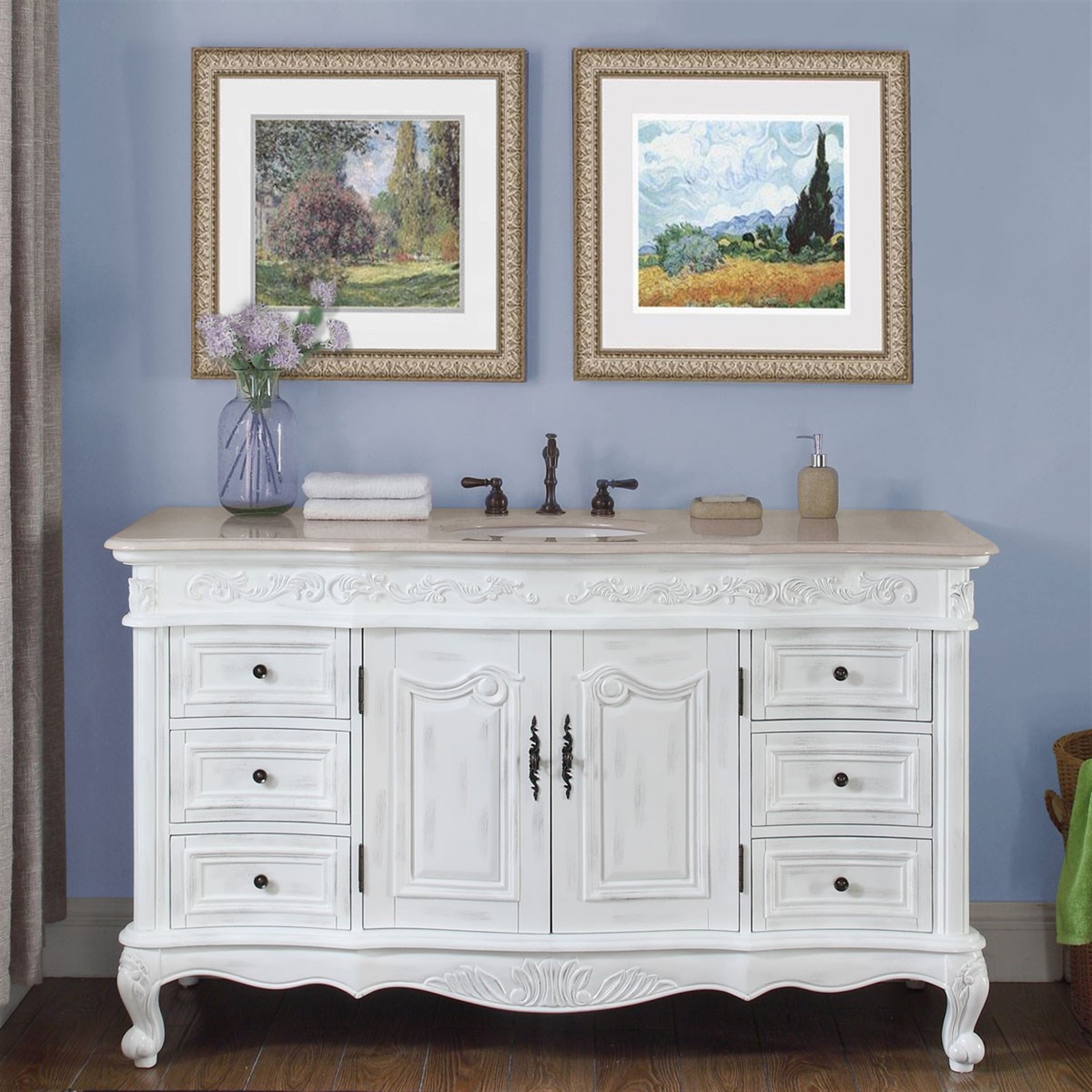 60″ Marble Counter Single Sink Bathroom Vanity White Oak Finish Cabinet 273CM