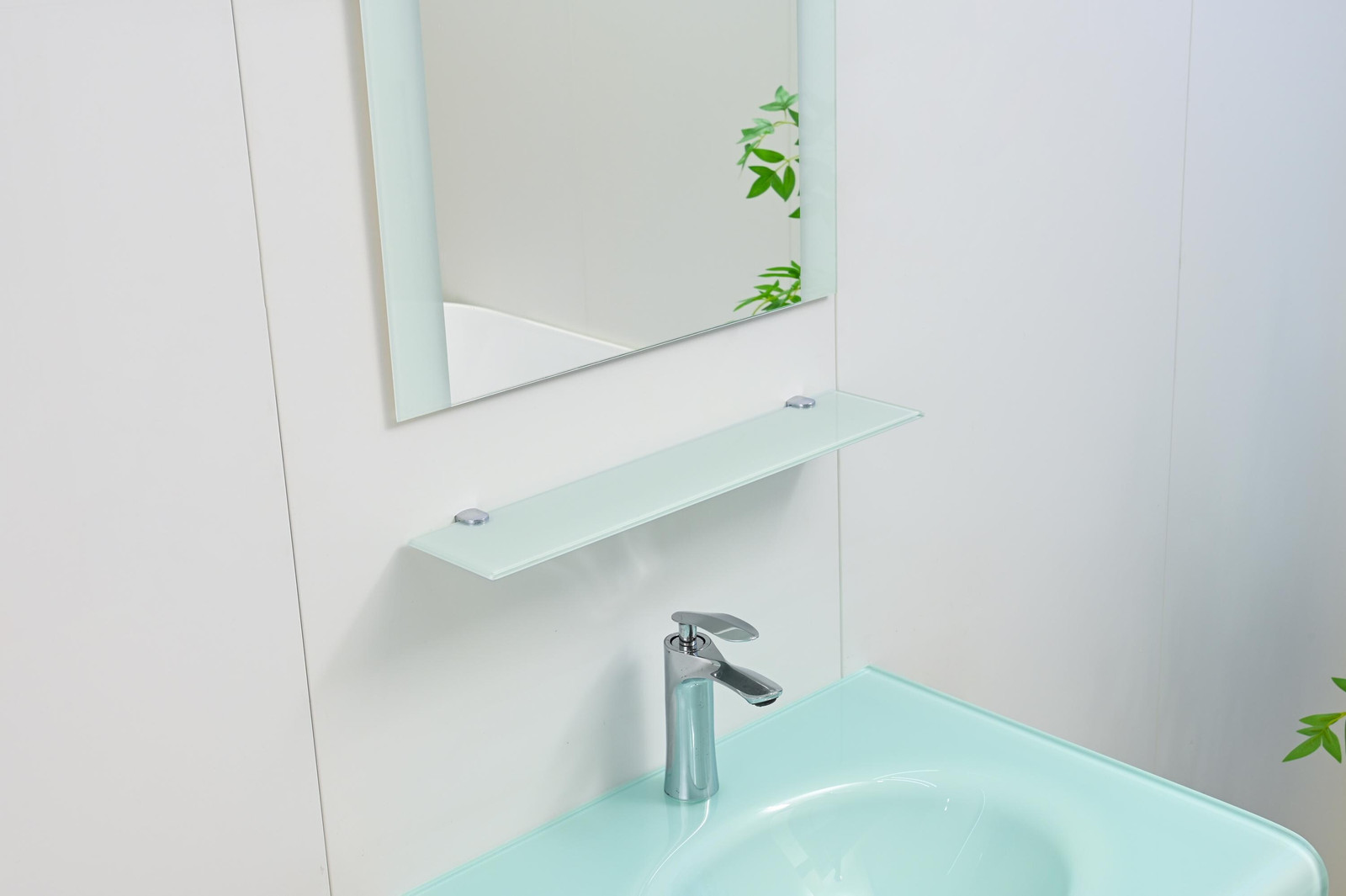 24″ White Tempered Glass Bathroom Vanity Floating Integrated Sink Glass Mirror
