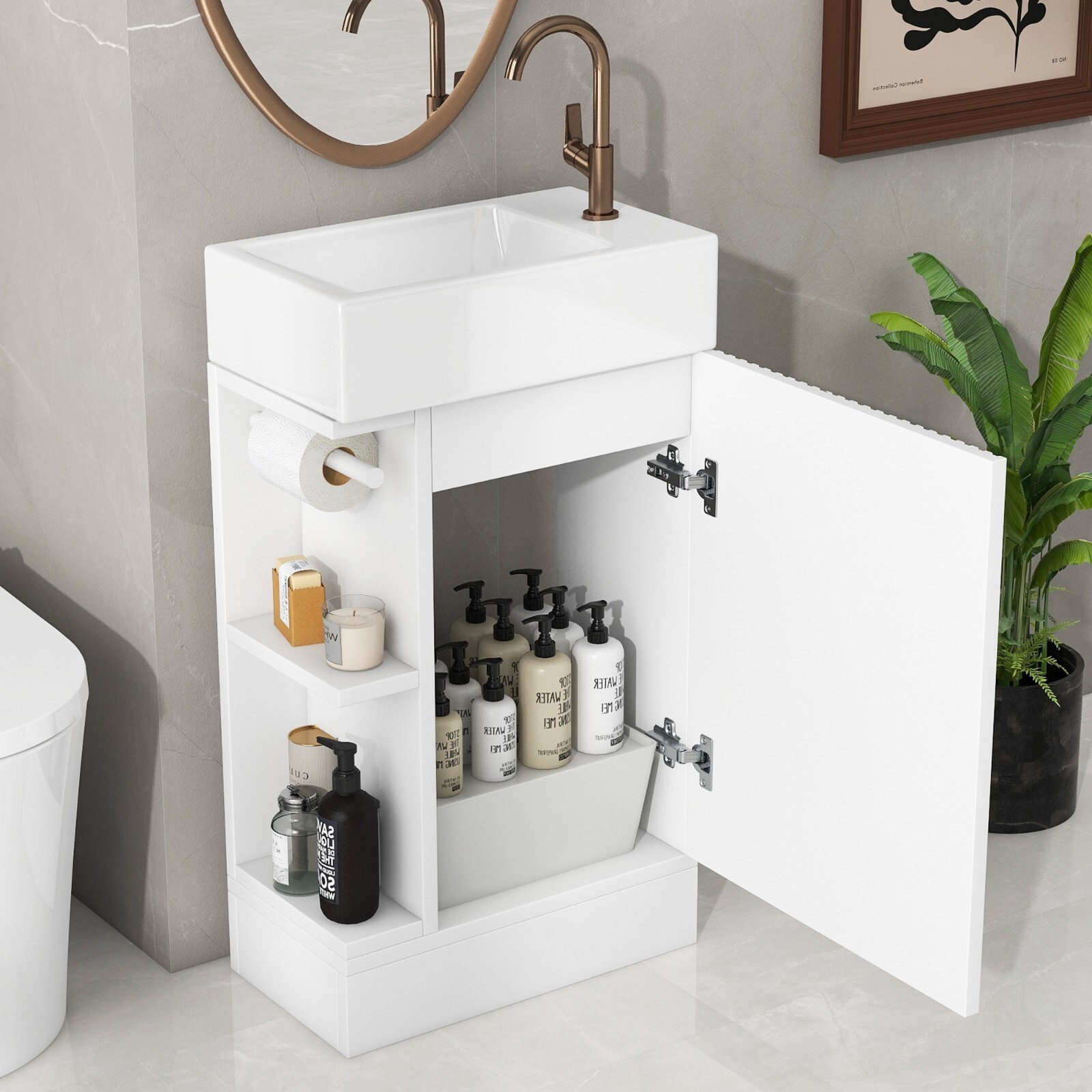 Wooden 18.6″ Bathroom Vanity Cabinet with Ceramic Sink Storage Shelf Tissue Rack