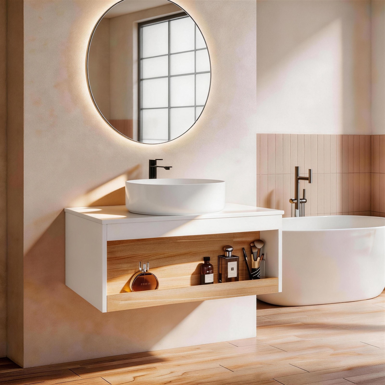 30″ Floating Bathroom Vanity with Glossy White Vessel Sink