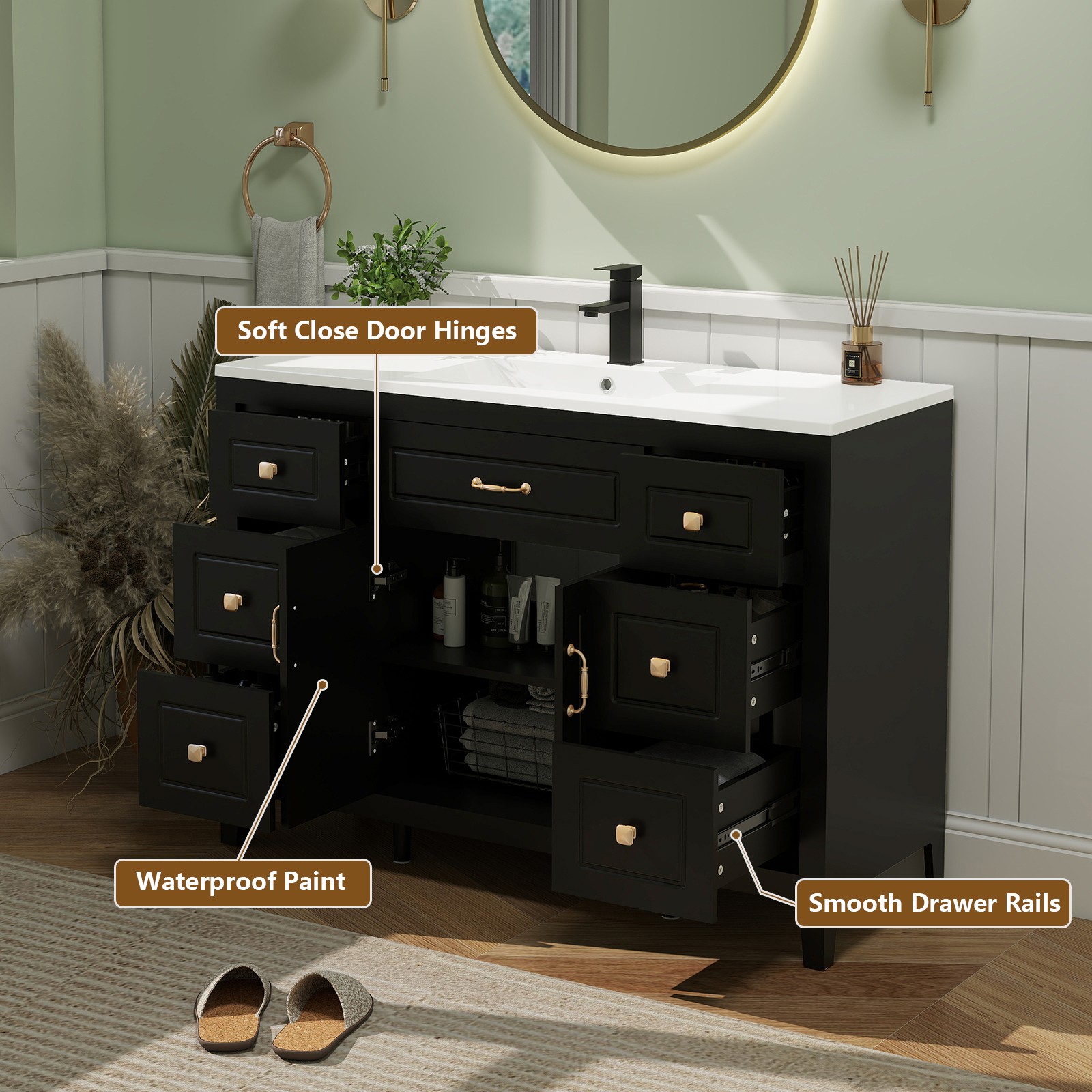 48 Inch Bathroom Vanity with Sink Soft Close 2 Doors and 6 Drawers Freestanding