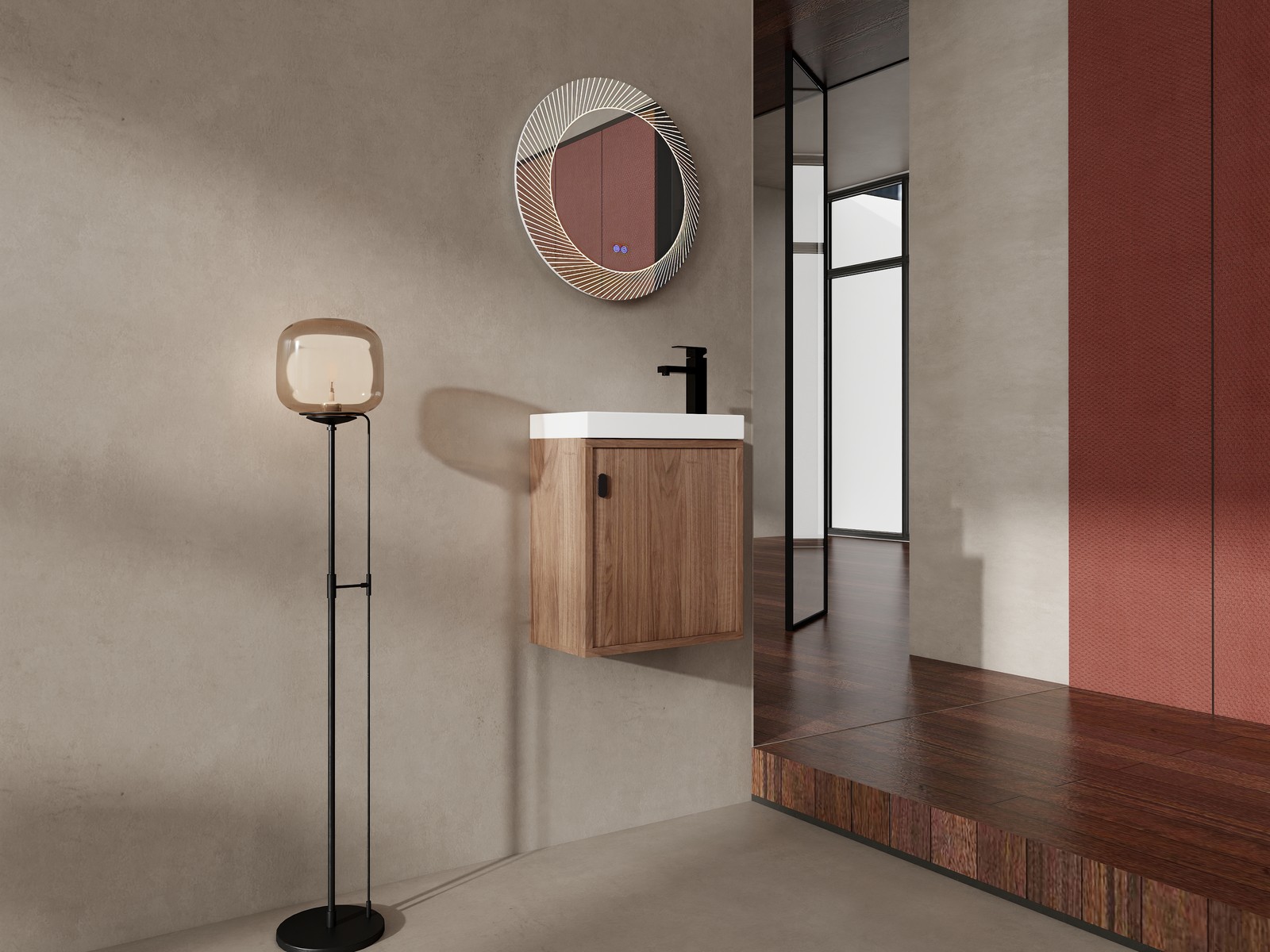 18.5″ Walnut Wall Mounted Floating Bathroom Vanity W/ Door Storage W/ Resin Sink