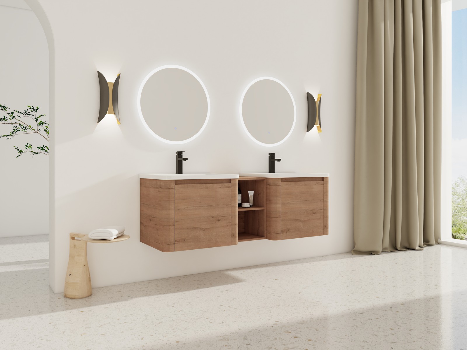 60in Wall-Mounted Bathroom Vanity W/ Double White Ceramic Sink Storage Shelves