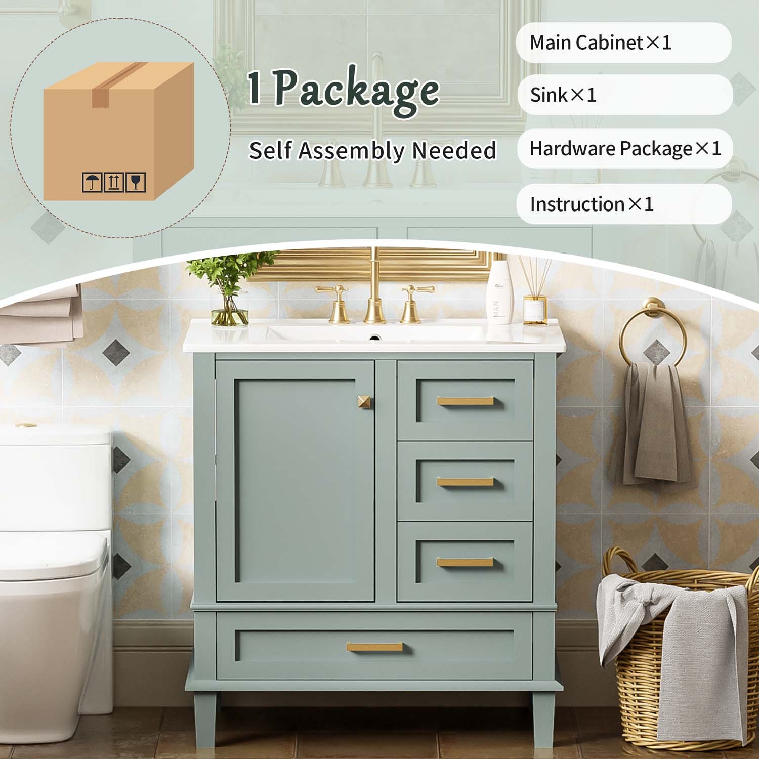 30″ Freestanding Bathroom Vanity Sage Green Solid Wood Soft-Close 3 Drawers Sink
