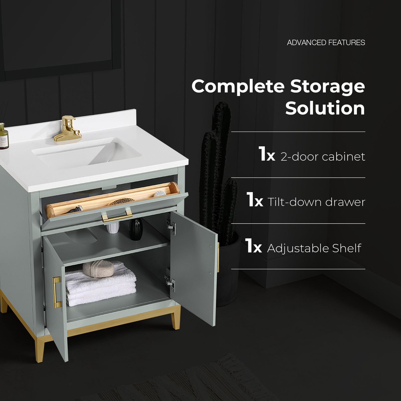 Diya 30″ Bathroom Vanity in Sage Green with White Countertop