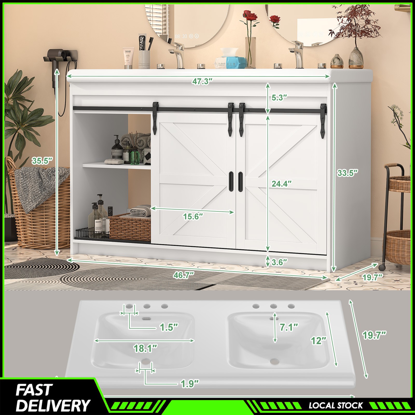 47” Bathroom Vanity &Double Sink Ceramic Basin Modern Storage Cabinet 3 Drawers