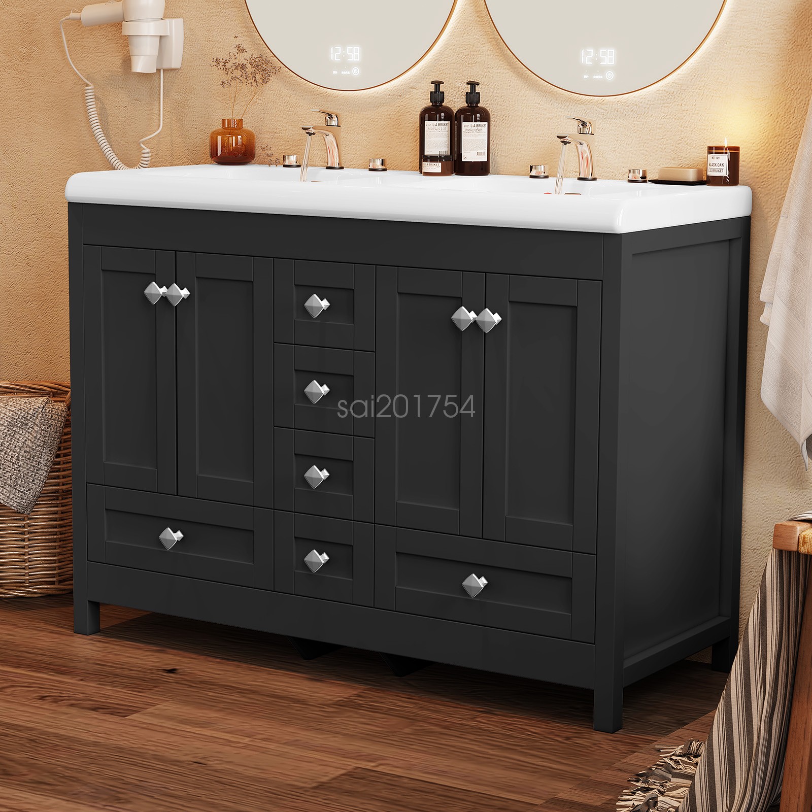 47.3″ Bathroom Vanity Freestanding Ceramic Sink Cabinet Bathroom Sink Set Black