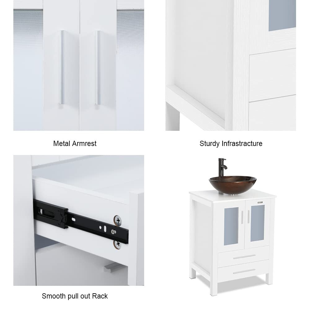 24″ White Bathroom Vanity Set W/Glass Vessel Sink Faucet Mirror Cabinet Combo