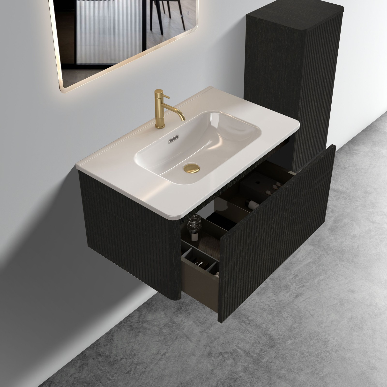 Etna 30″ Brushed Black Oak Floating Bathroom Vanity with White Ceramic Sink