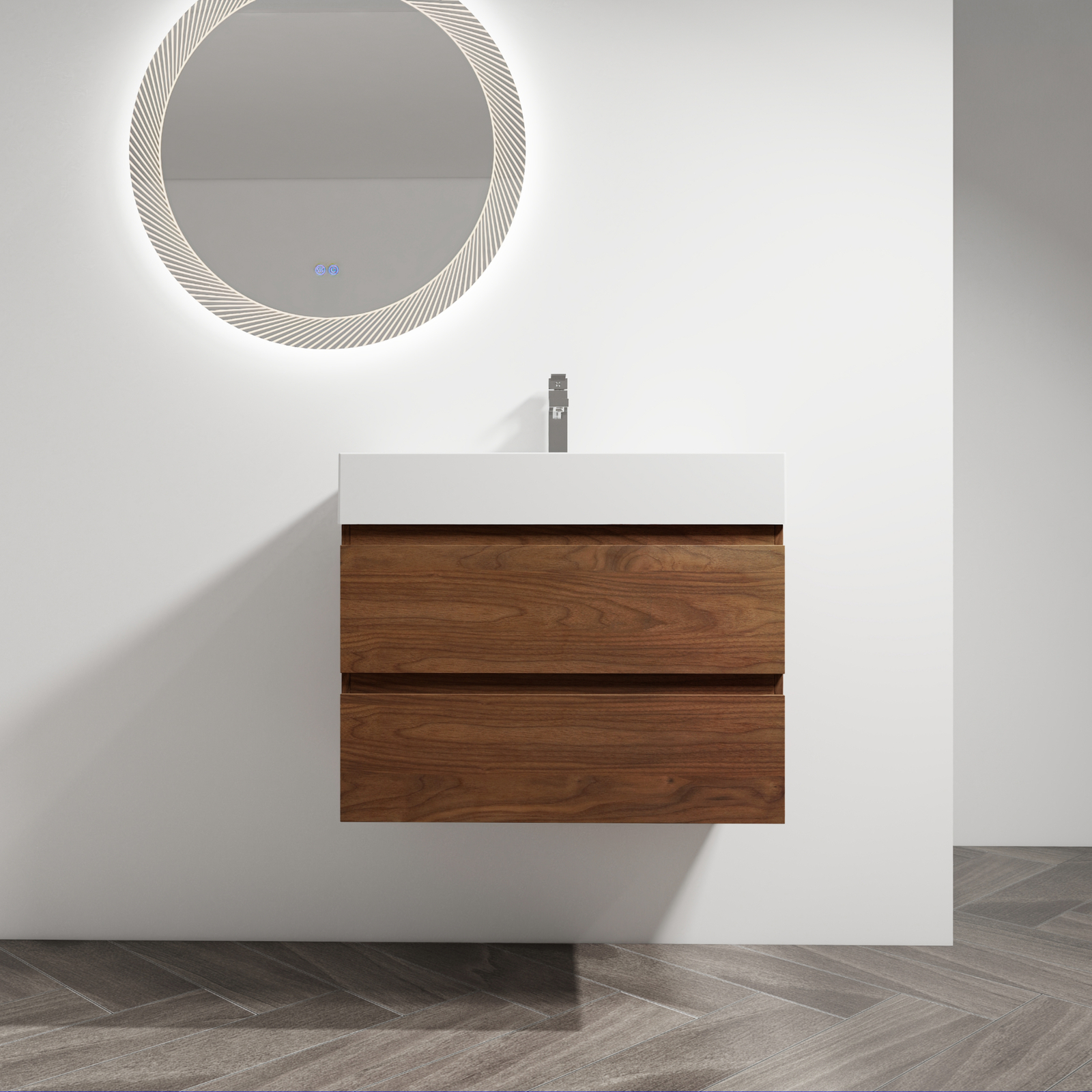 30″ Wall-Mounted Bathroom Vanity Cabinet W/Resin Sink 2-Soft Close Drawers Brown