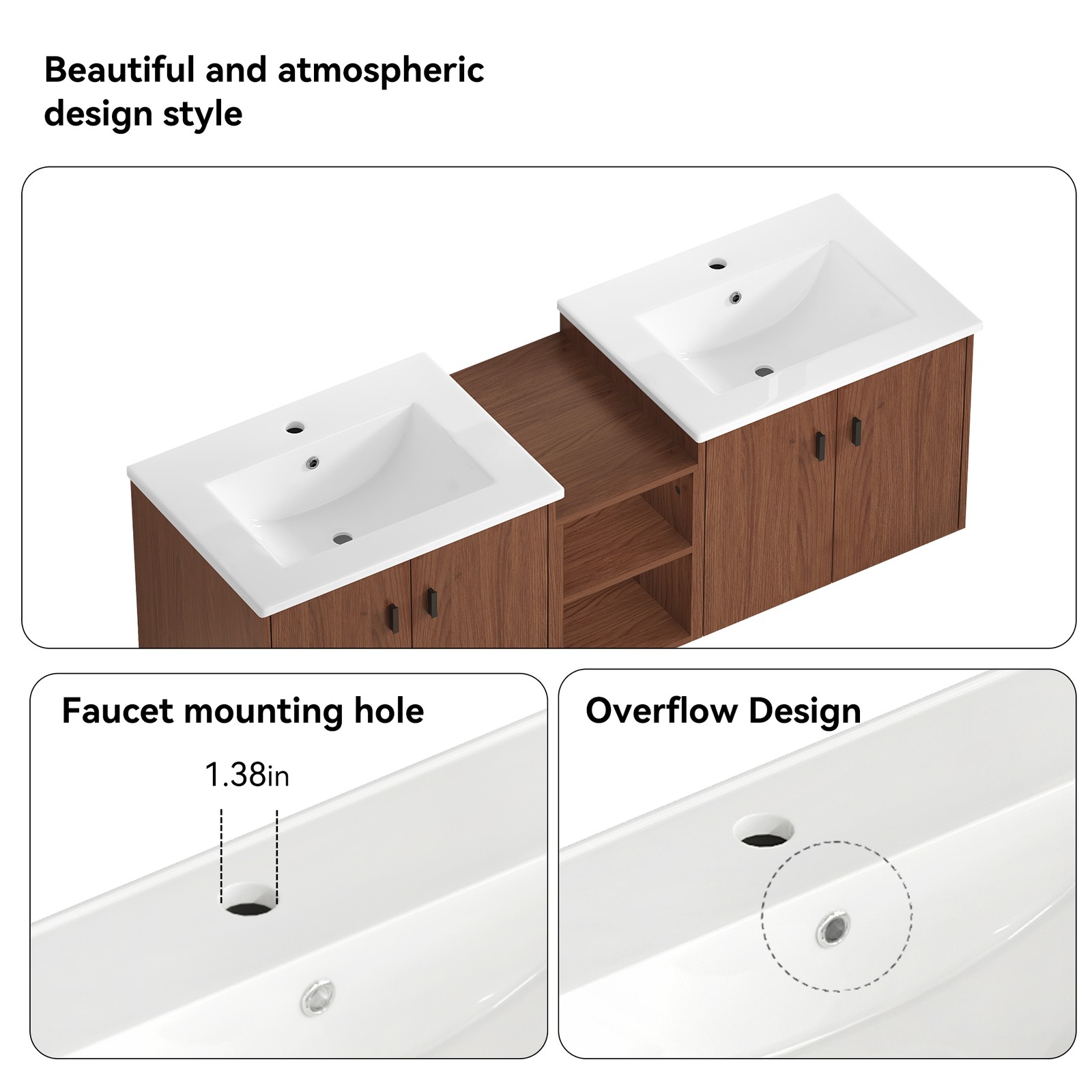 60in reddish brown Bathroom Vanity w/Storage Shelves & Soft Close Doors