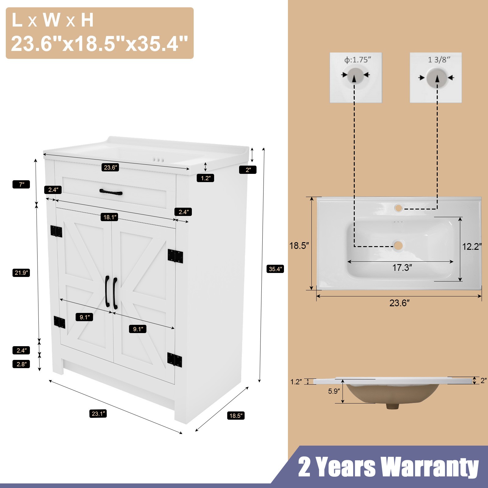 23″ Bathroom Vanity Cabinet & Door Ceramic Sink Bowl Cabinet Bath Organizer