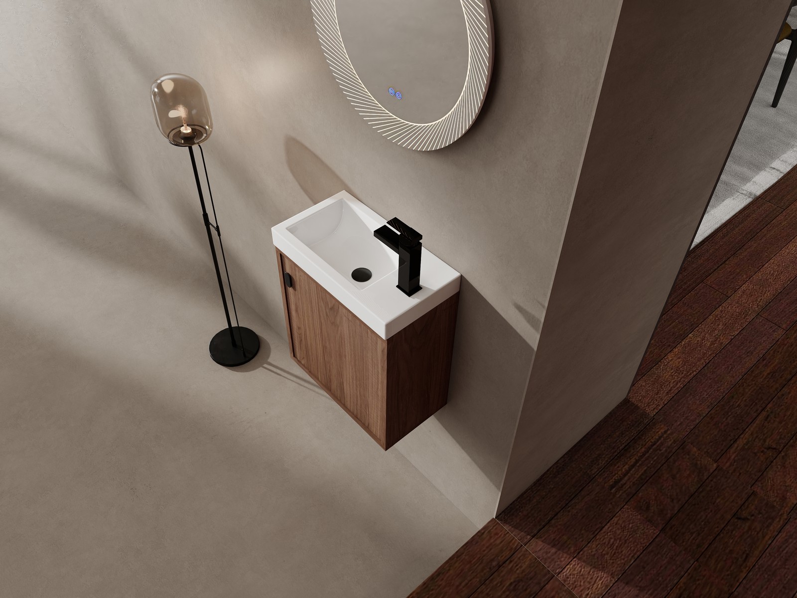 18.5″ Walnut Wall Mounted Floating Bathroom Vanity W/ Door Storage W/ Resin Sink