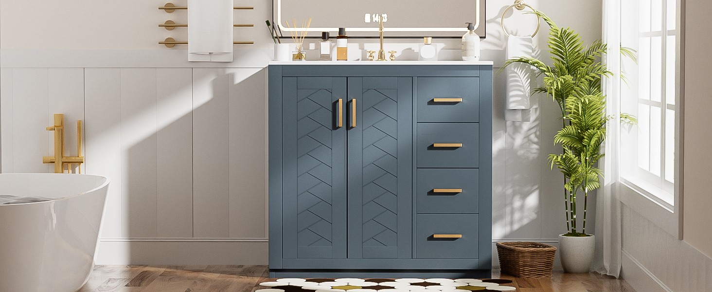 36″ Bathroom Vanity with Ceramic Sink, Solid Wood Frame, 3 Drawers & Doors