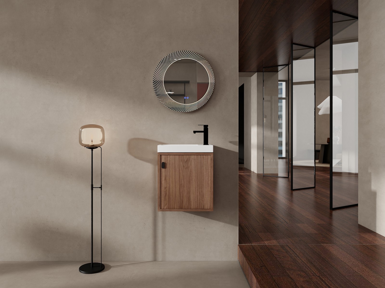 18.5″ Walnut Wall Mounted Floating Bathroom Vanity W/ Door Storage W/ Resin Sink