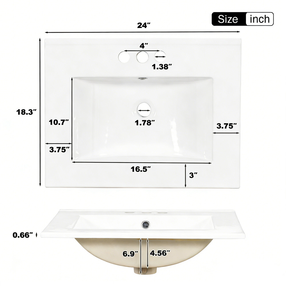 24″ Modern Bathroom Vanity with Ceramic Sink, Soft-Close Door, 3 Drawers