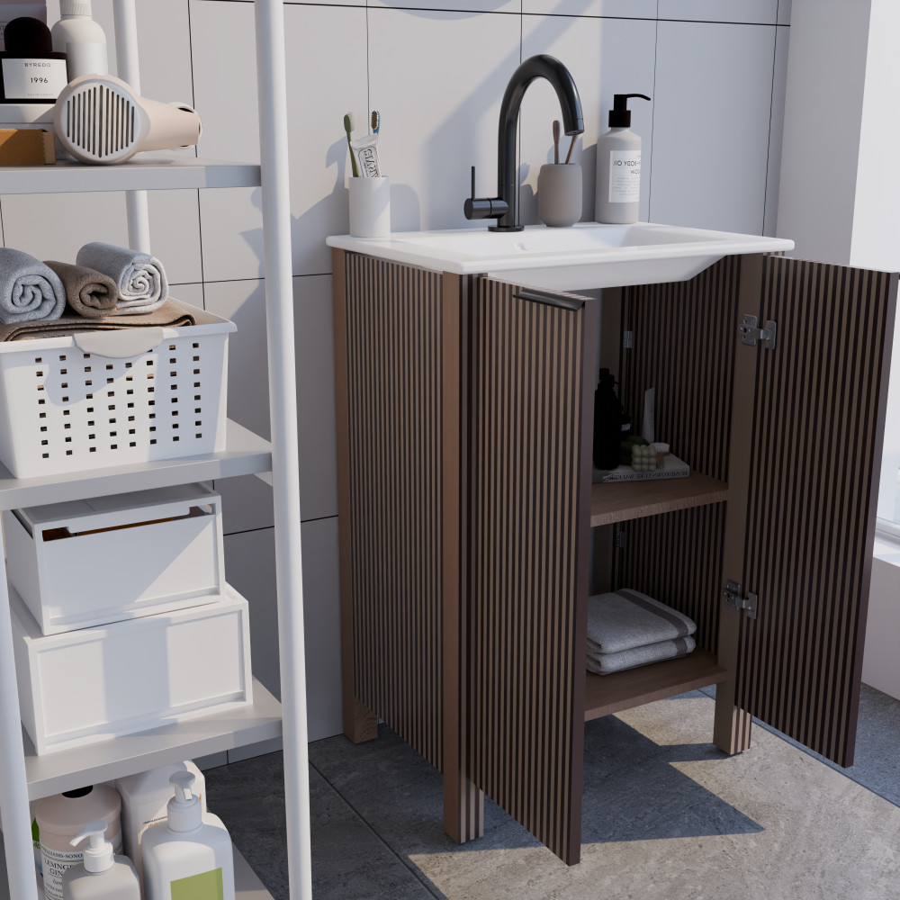 Floor Stand Combo Cabinet Set with 2 Doors and White Resin Basin Top