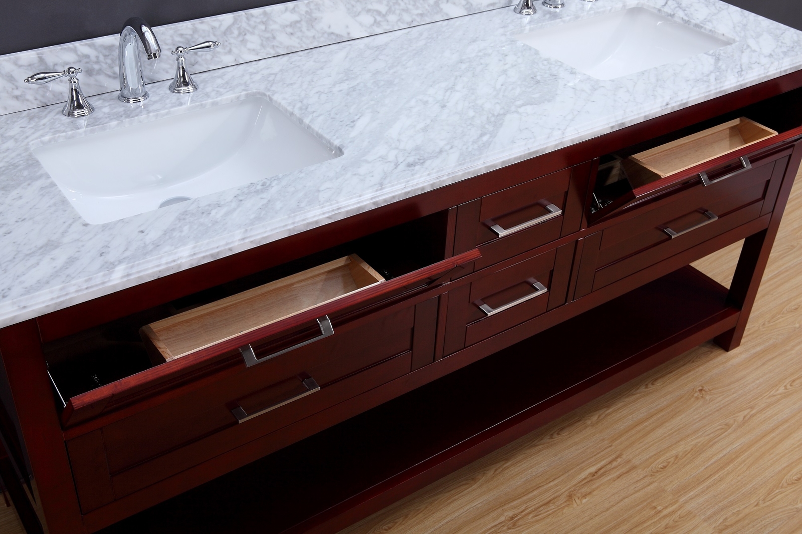 72″ Double Sink Bathroom Vanity Set White Carrera Marble Cherry Finish – Neva