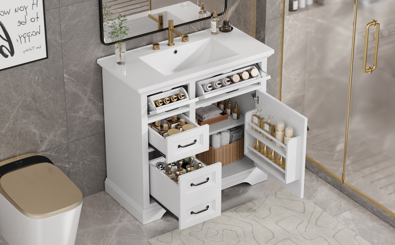 36″ Bathroom Vanity with Ceramic Sink Top, 4 Drawers & 1 Soft-Close Door