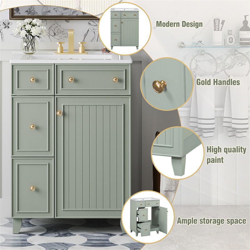 24″ Green Bathroom Vanity Cabinet with Ceramic Sink,2 Drawers,1 Soft-Close Door