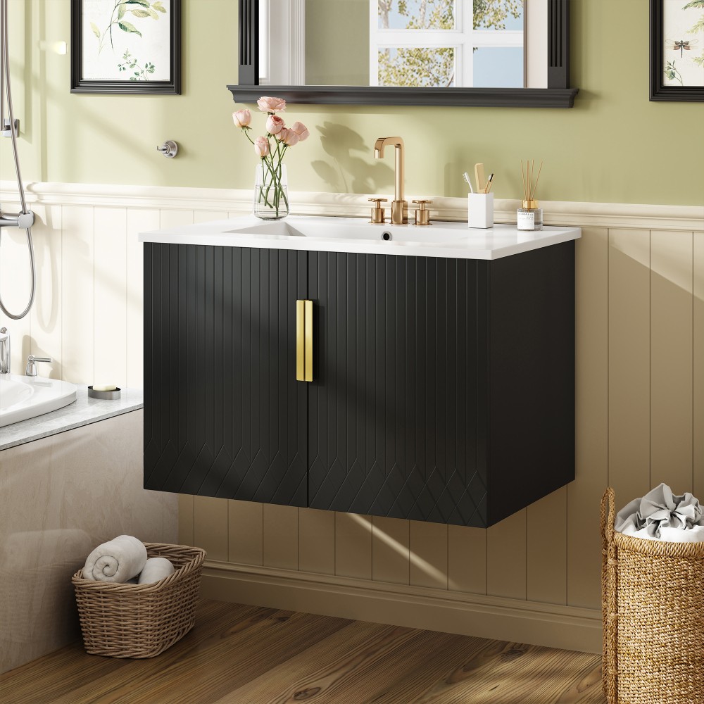 Bathroom Vanity W Ceramic Sink Three-Hole Mounting Features Two Soft-Close Doors