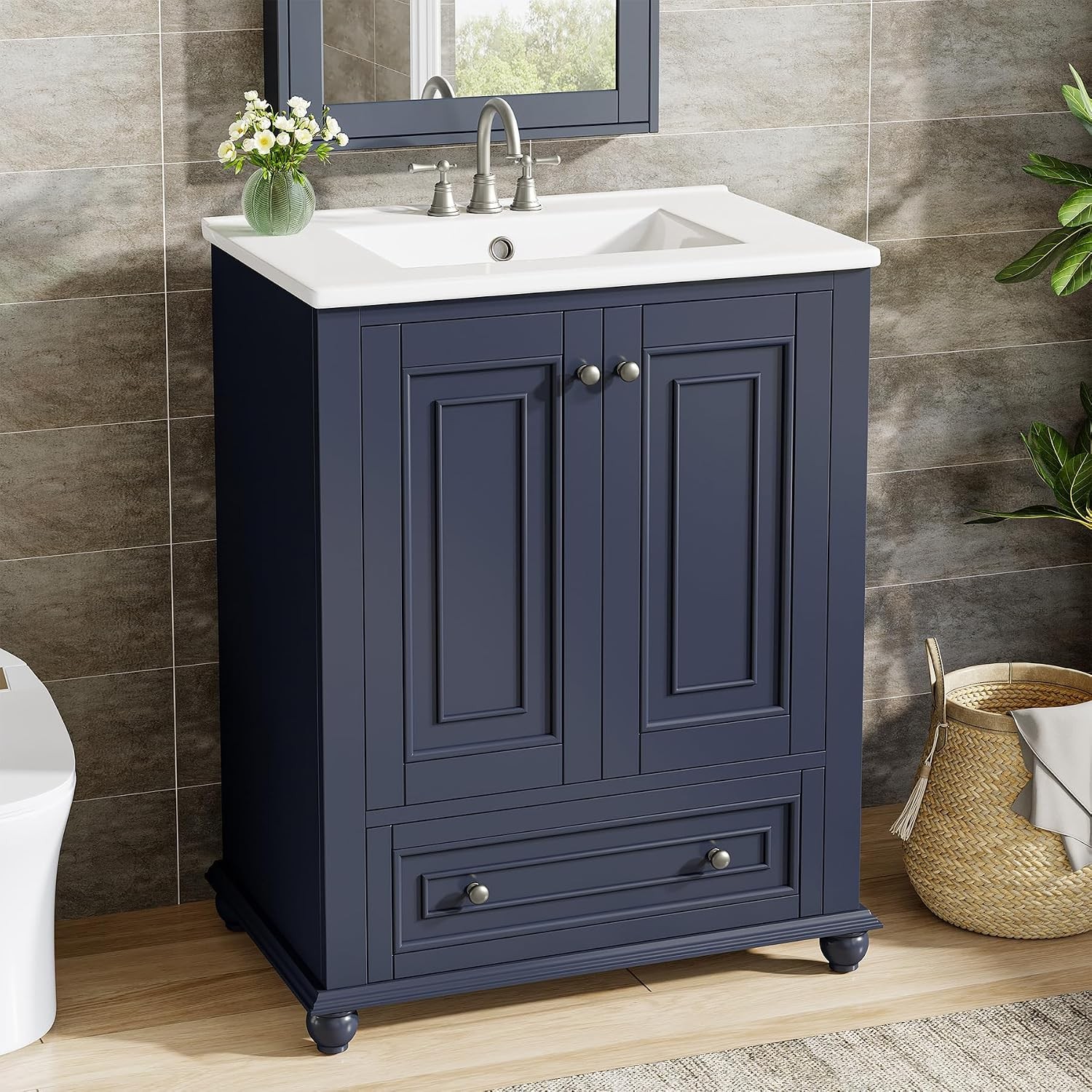 24″ Bathroom Vanity with Ceramic Sink Combo Navy Blue Cabinet w/ Doors & Drawer