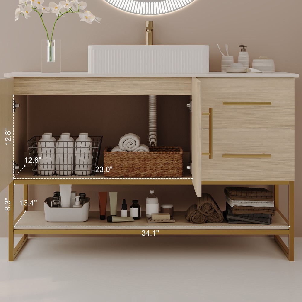 36″ Modern Bathroom Vanity Ceramic Vessel Sink Gold Accent Free Standing Cabinet