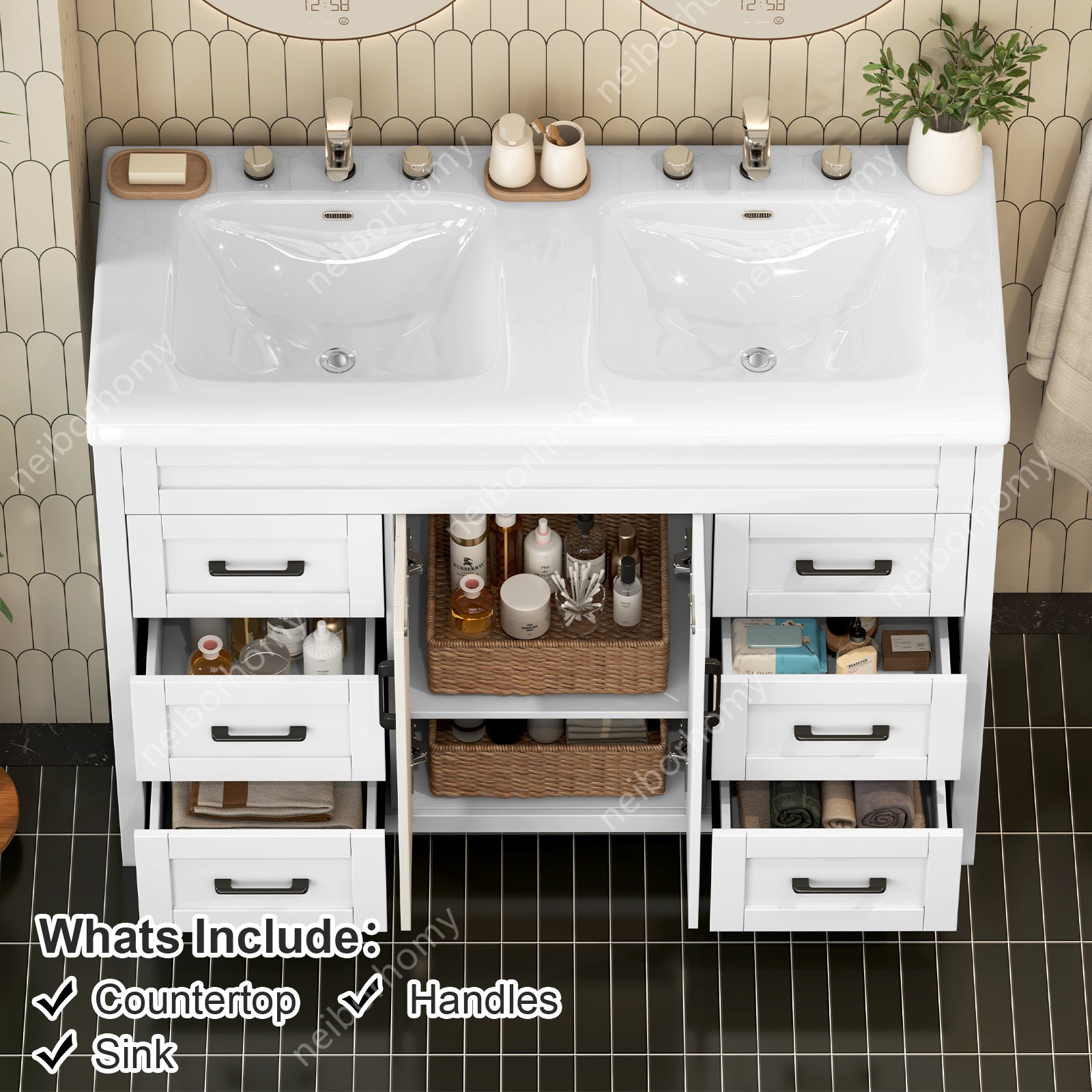 47″ Bathroom Vanity Double Sink Ceramic Freestanding Cabinet Storage Drawers