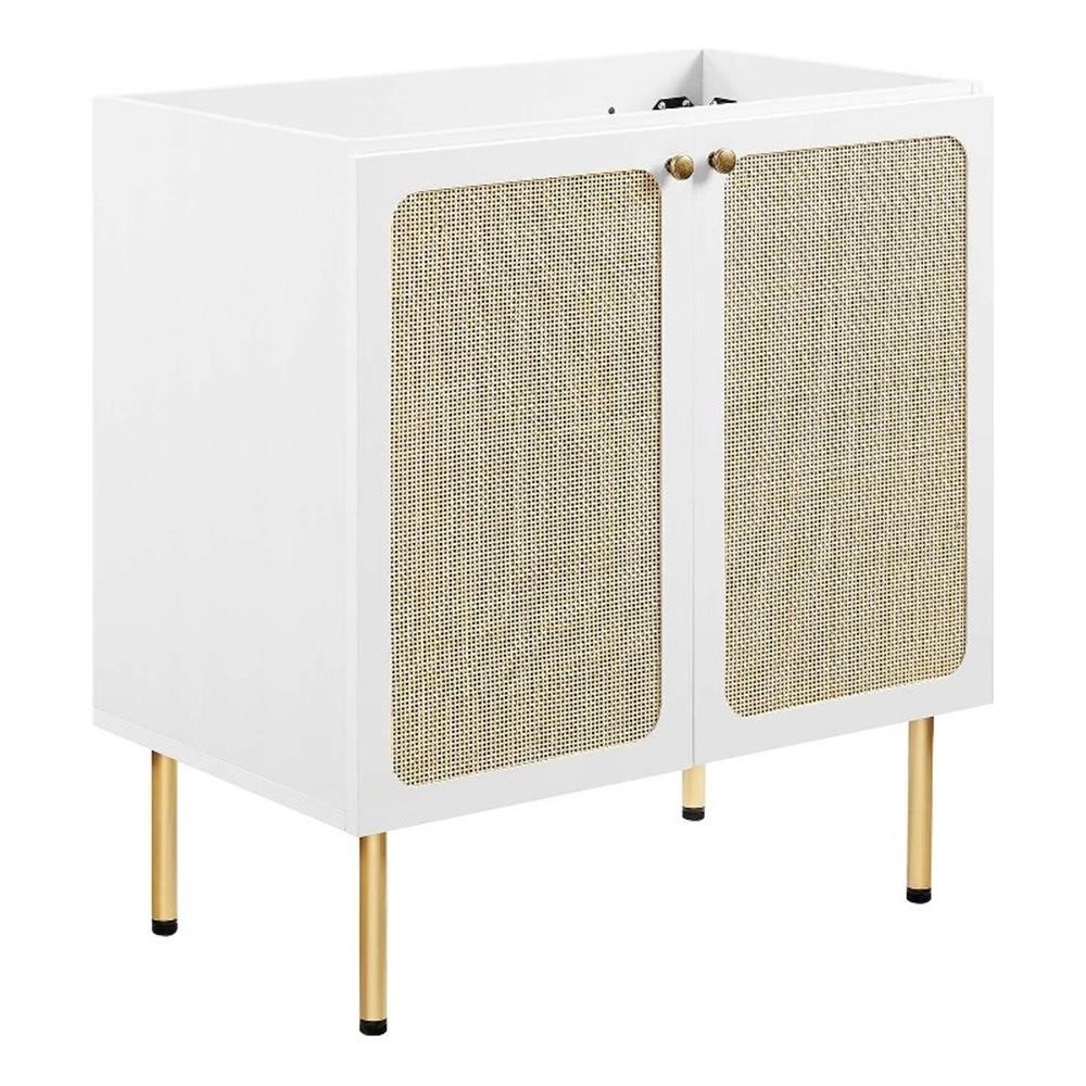 Pemberly Row 30″ Wood & Rattan Bathroom Vanity Cabinet in White