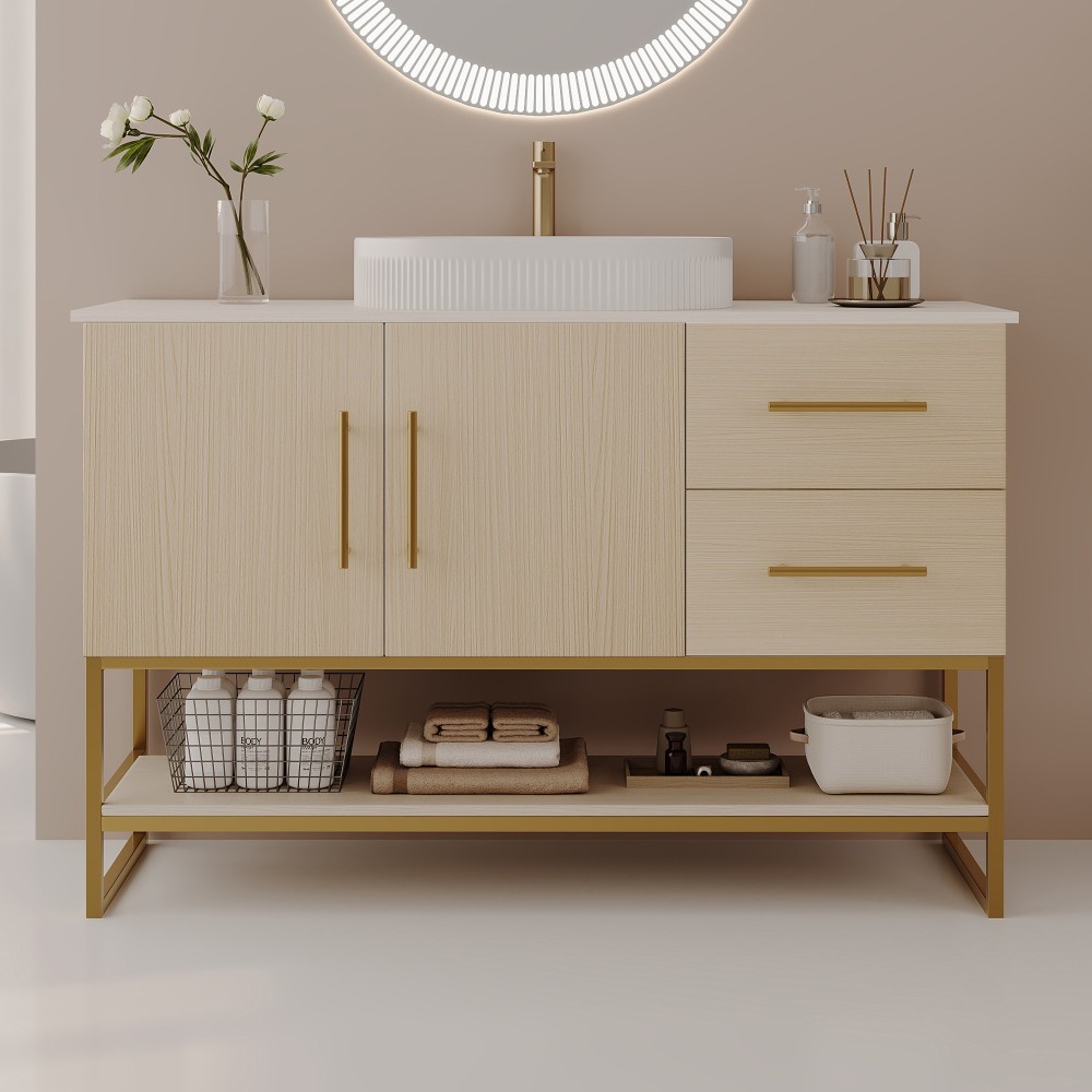 36″ Modern Bathroom Vanity Ceramic Vessel Sink Gold Accent Free Standing Cabinet