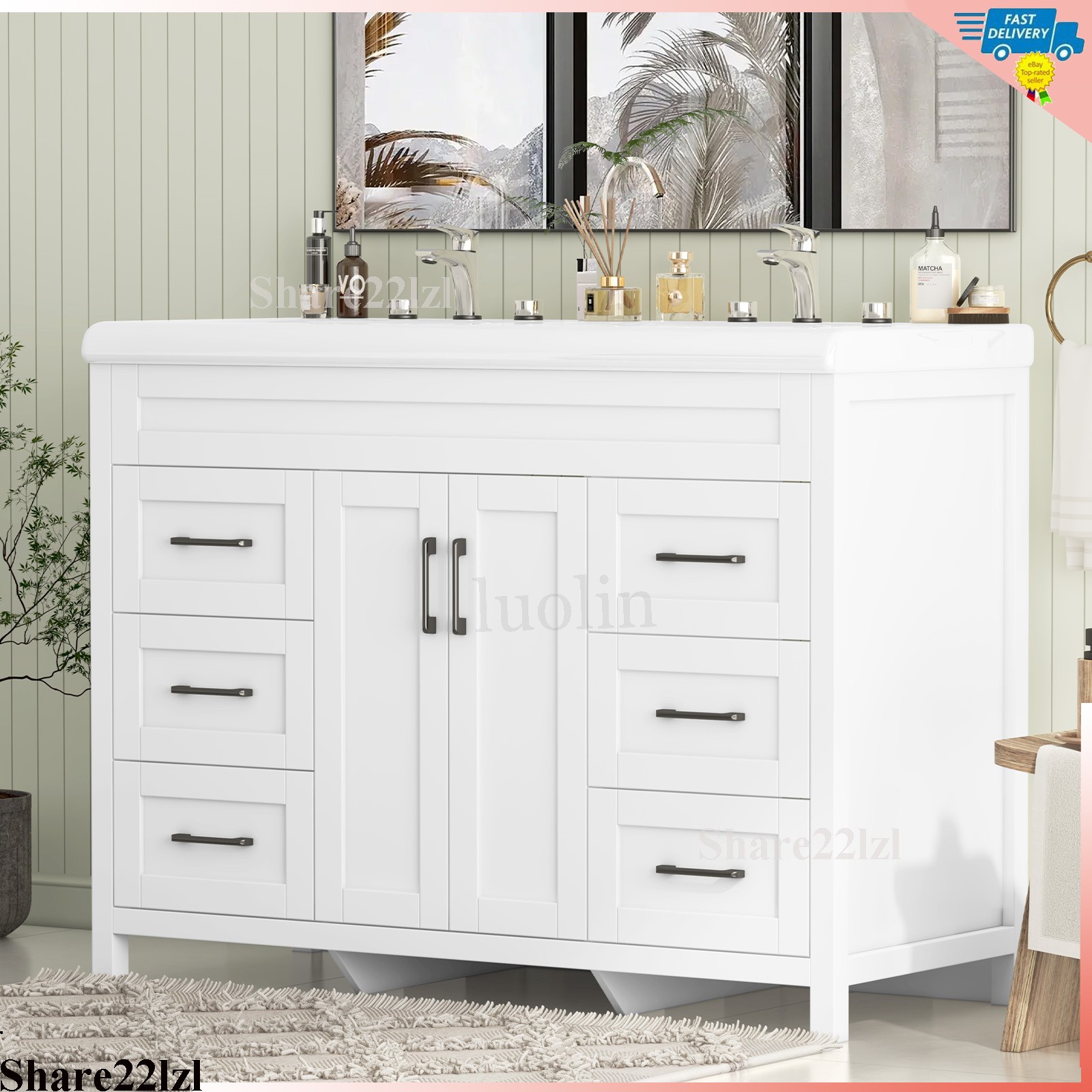 47″ Bathroom Vanity w/Double Ceramic Sink, Freestanding Vanity Cabinet Storage