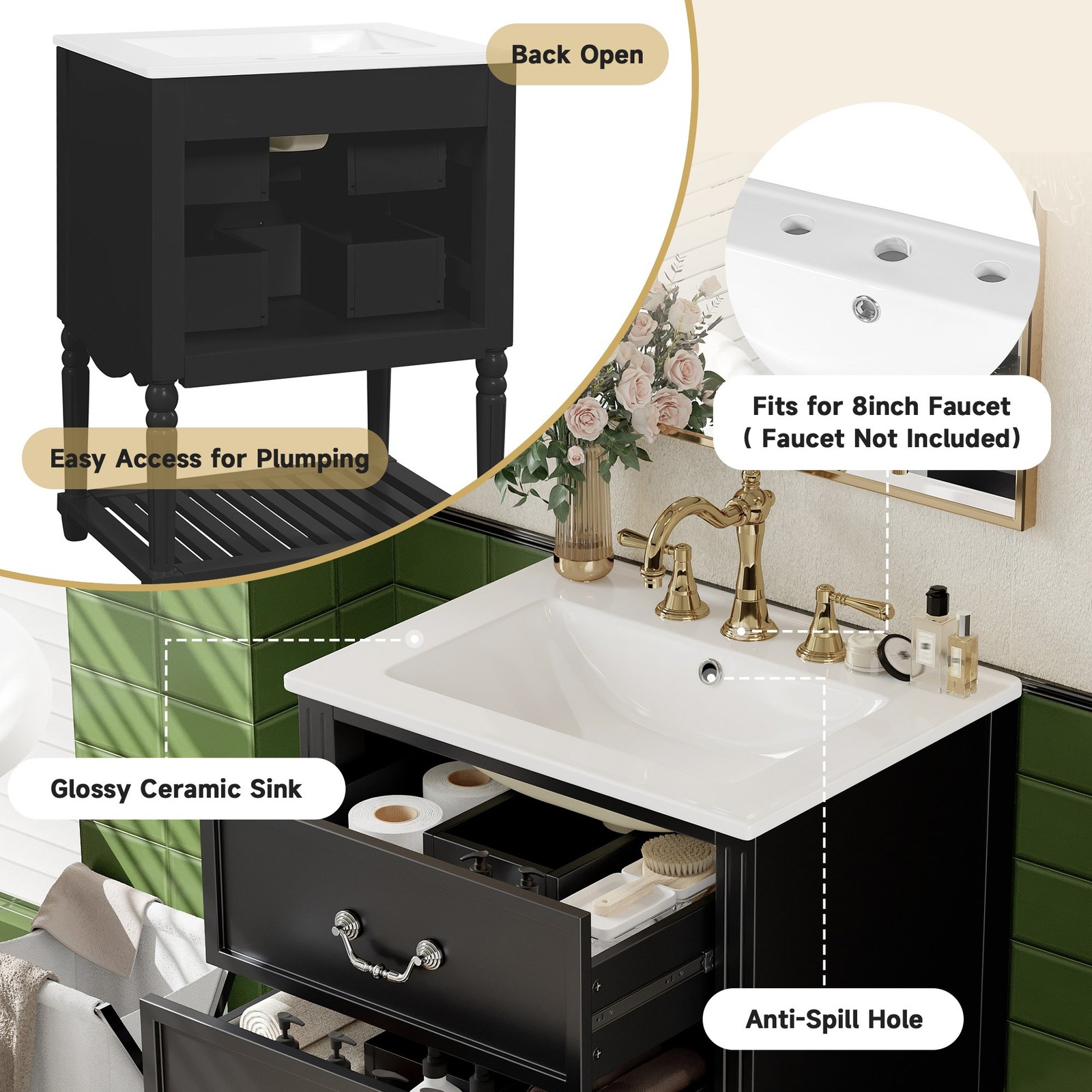 FUNIDEE 24″ Vintage Bathroom Vanity Storage Cabinet with Ceramic Sink Black
