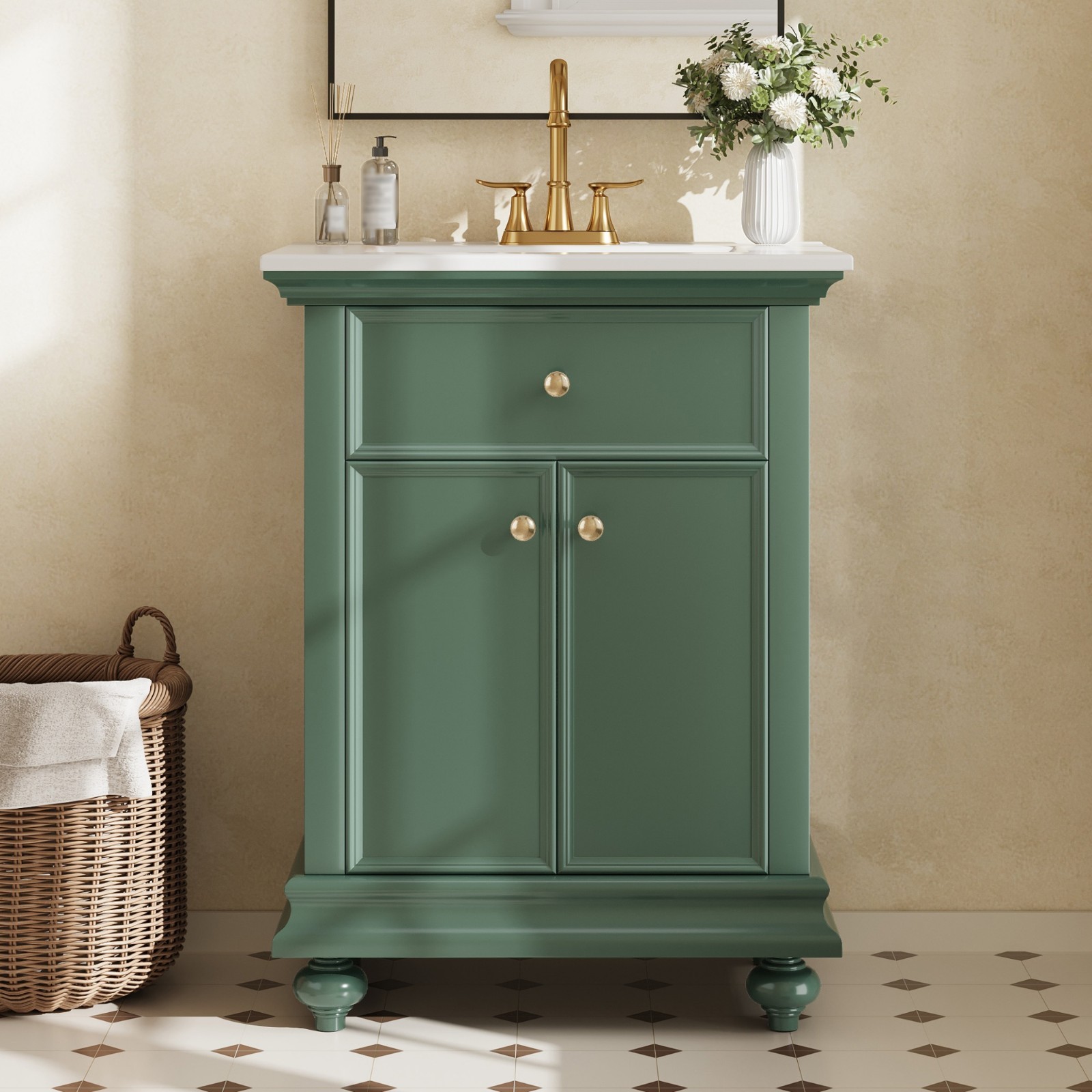 24″ Bathroom Vanity Storage Cabinet With Ceramic Sink Drawer Soft-Closing Doors