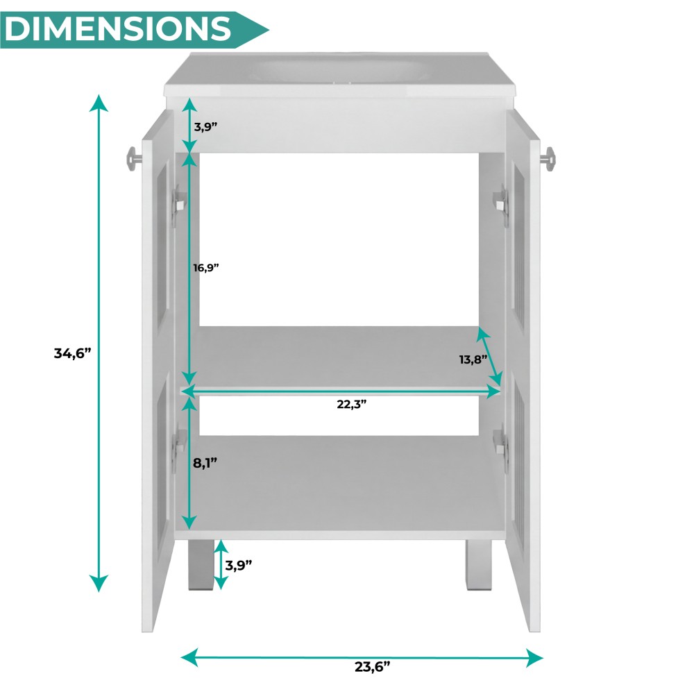 35″ White Bathroom Vanity w/ Resin Sink & Frosted Glass Doors