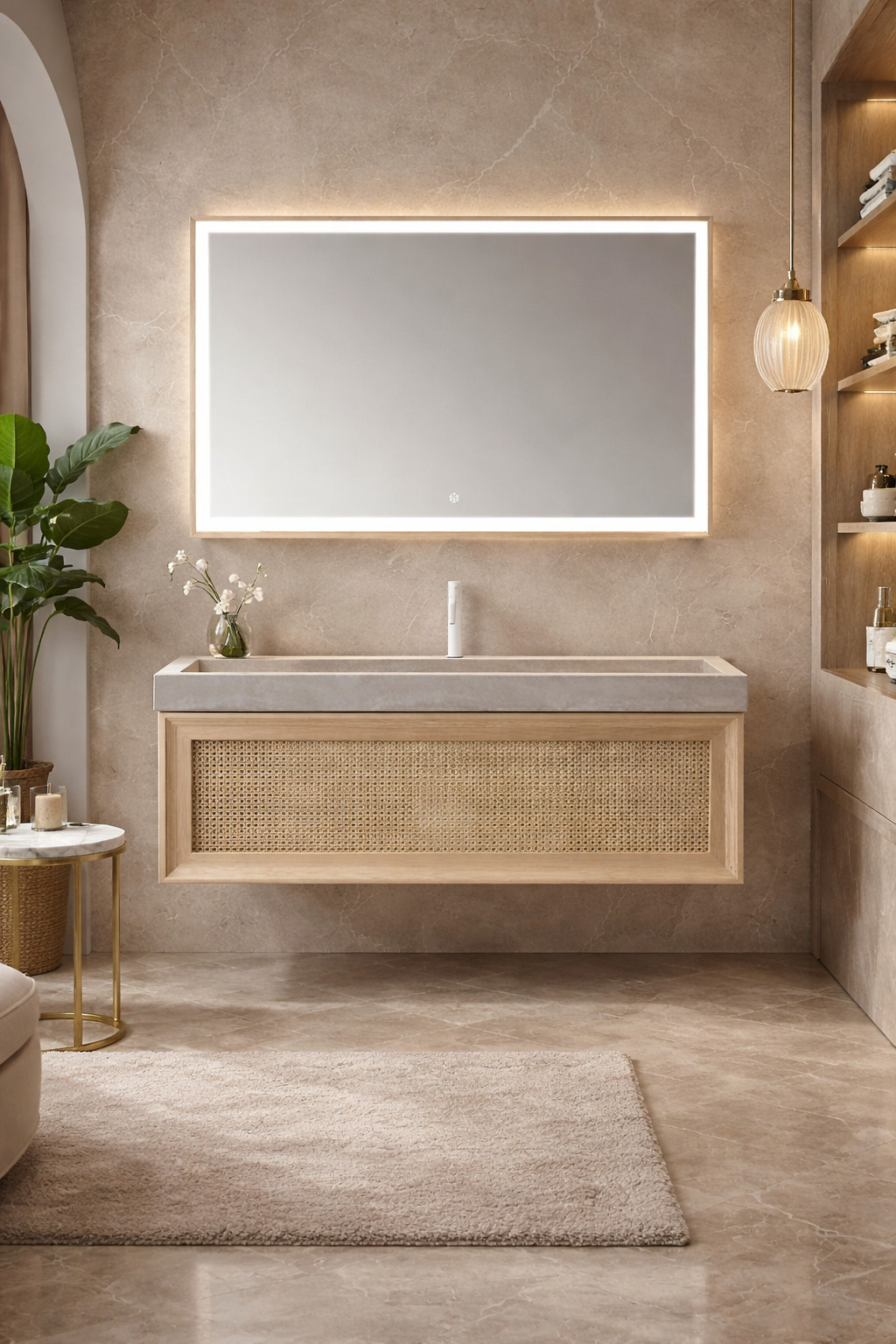 Elegant Floating Bathroom Vanity & LED Mirror Set — Natural Wood