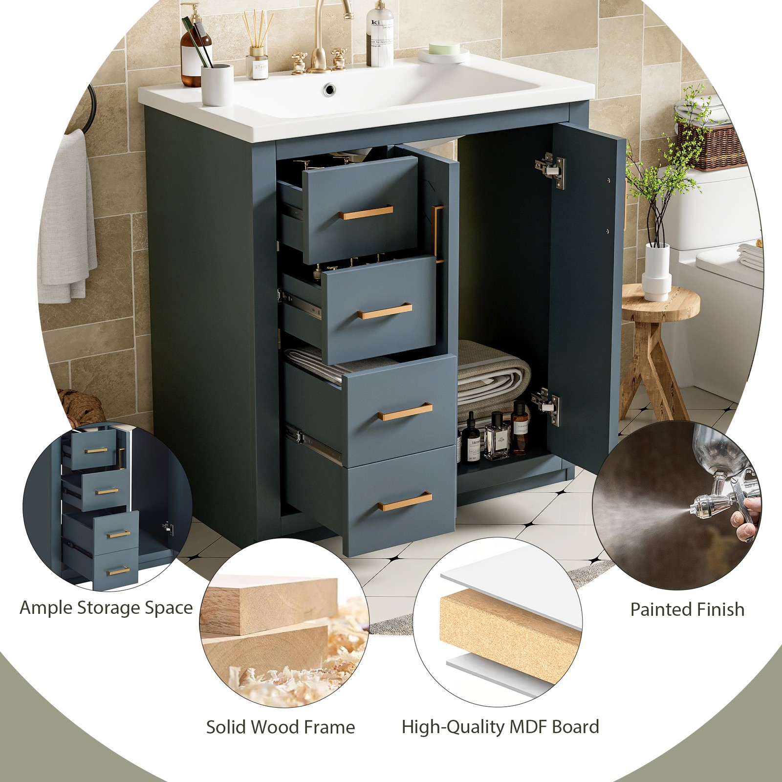 30″ Bathroom Vanity w/Ceramic Sink, 3 Drawers, Freestanding Bath Vanity Cabinet