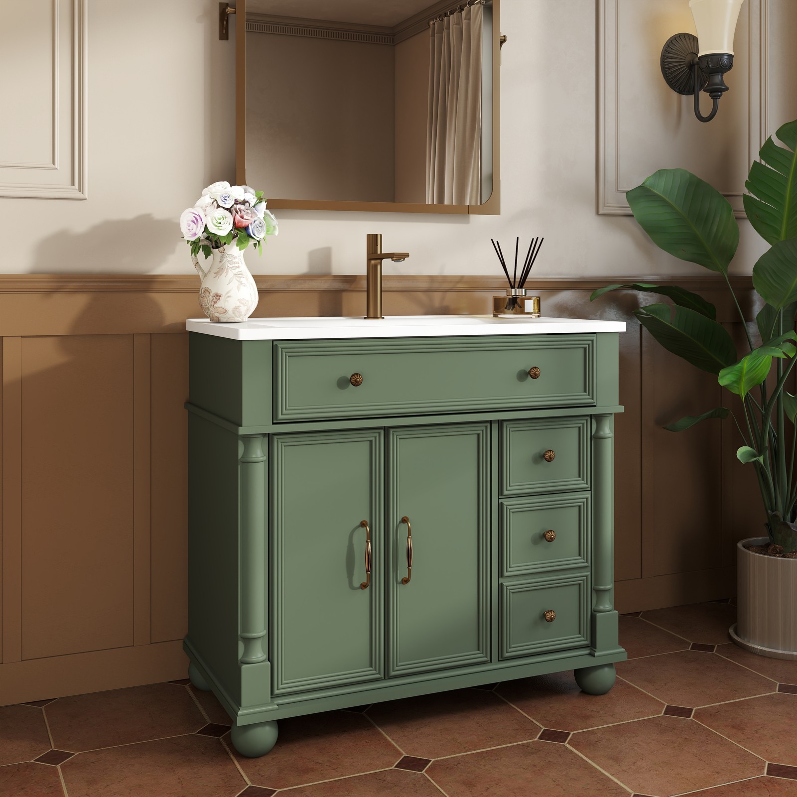 35.6″ Mid-Century Bathroom Cabinet Bathroom Vanity Sink with Roman Column Base