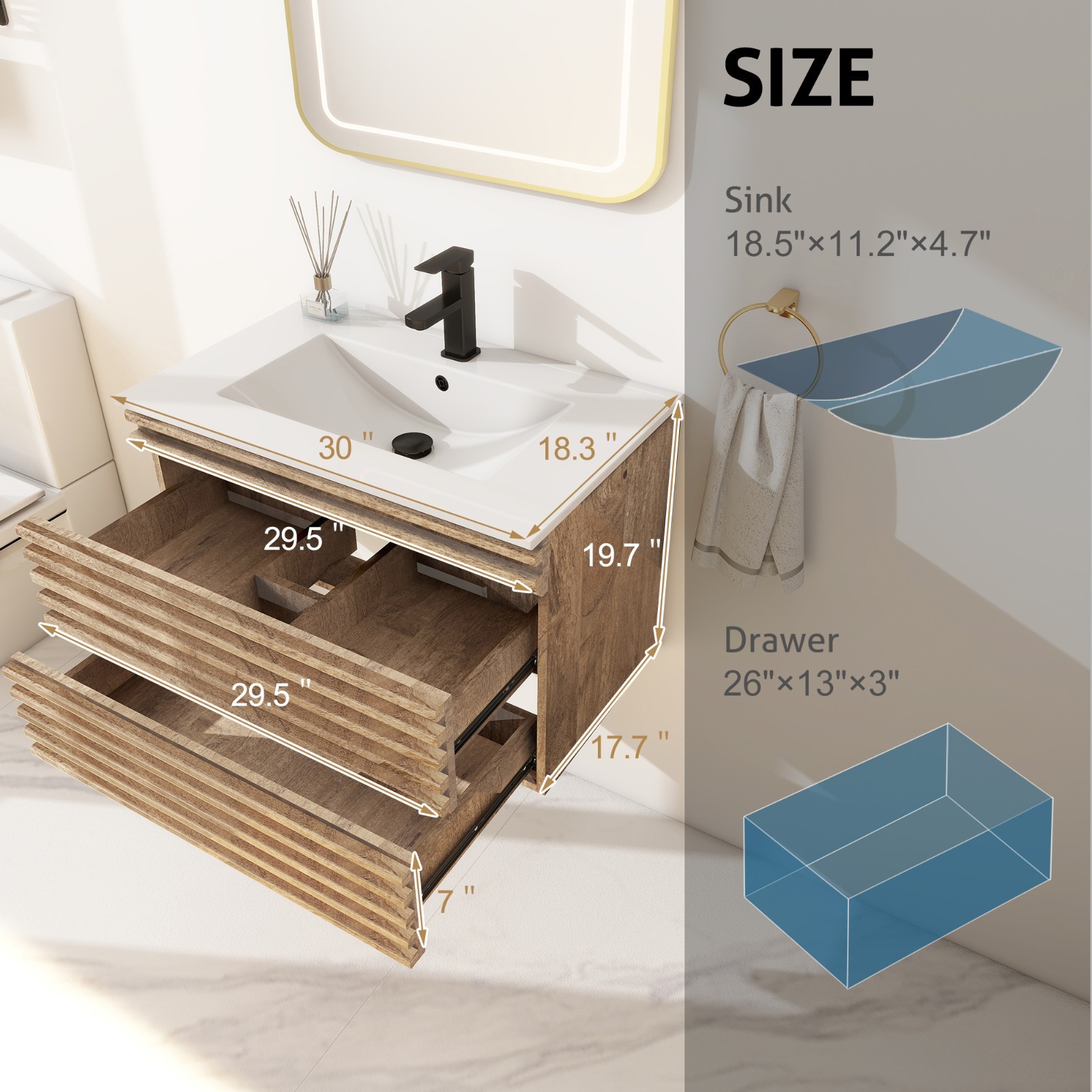 Bathroom Vanity Set Wall Mounted W/ Drop in Sink Mid-Century Cabinet Set
