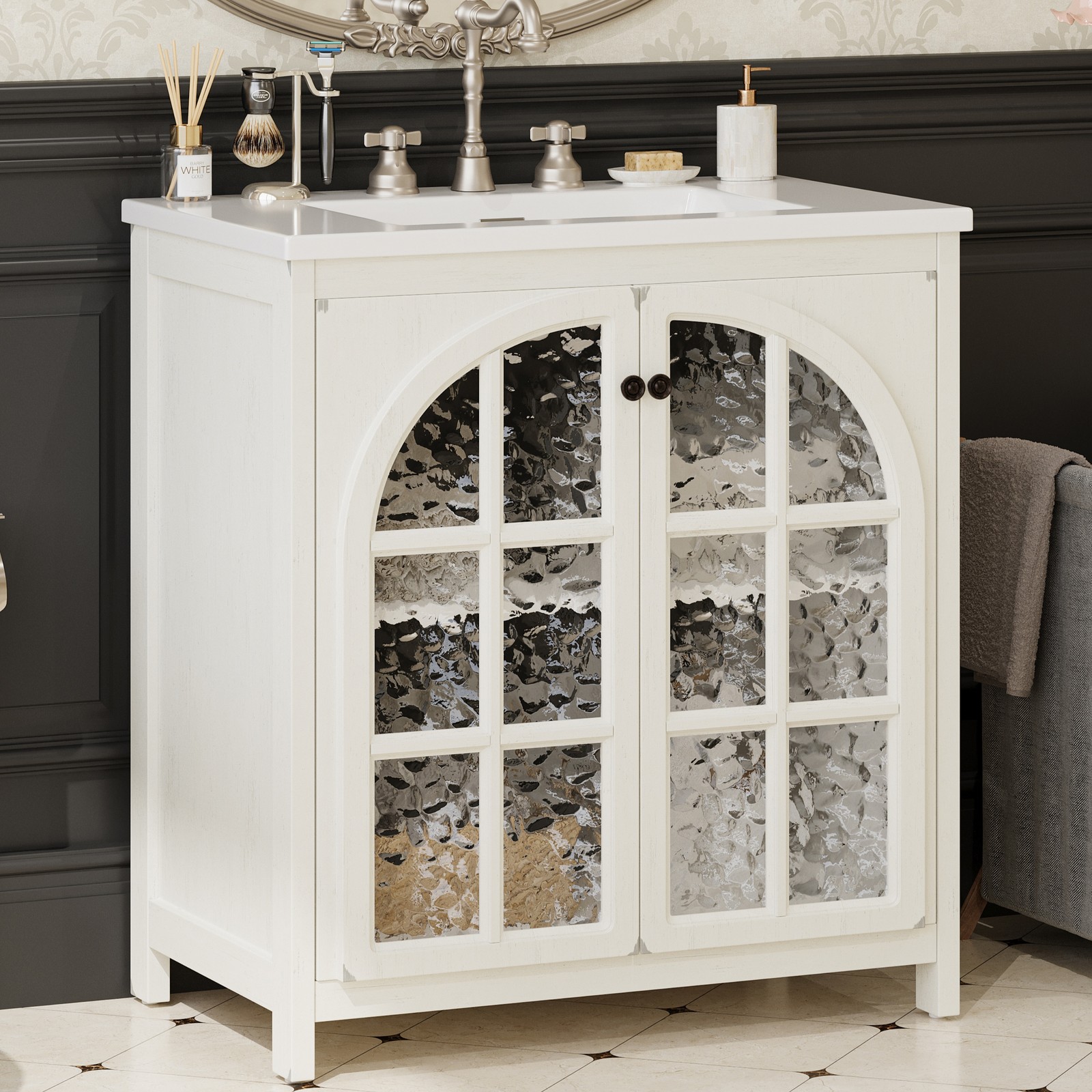 Farmhouse Bathroom Vanity with Ceramic Sink，Storage Cabinet w/Soft-Closing Doors