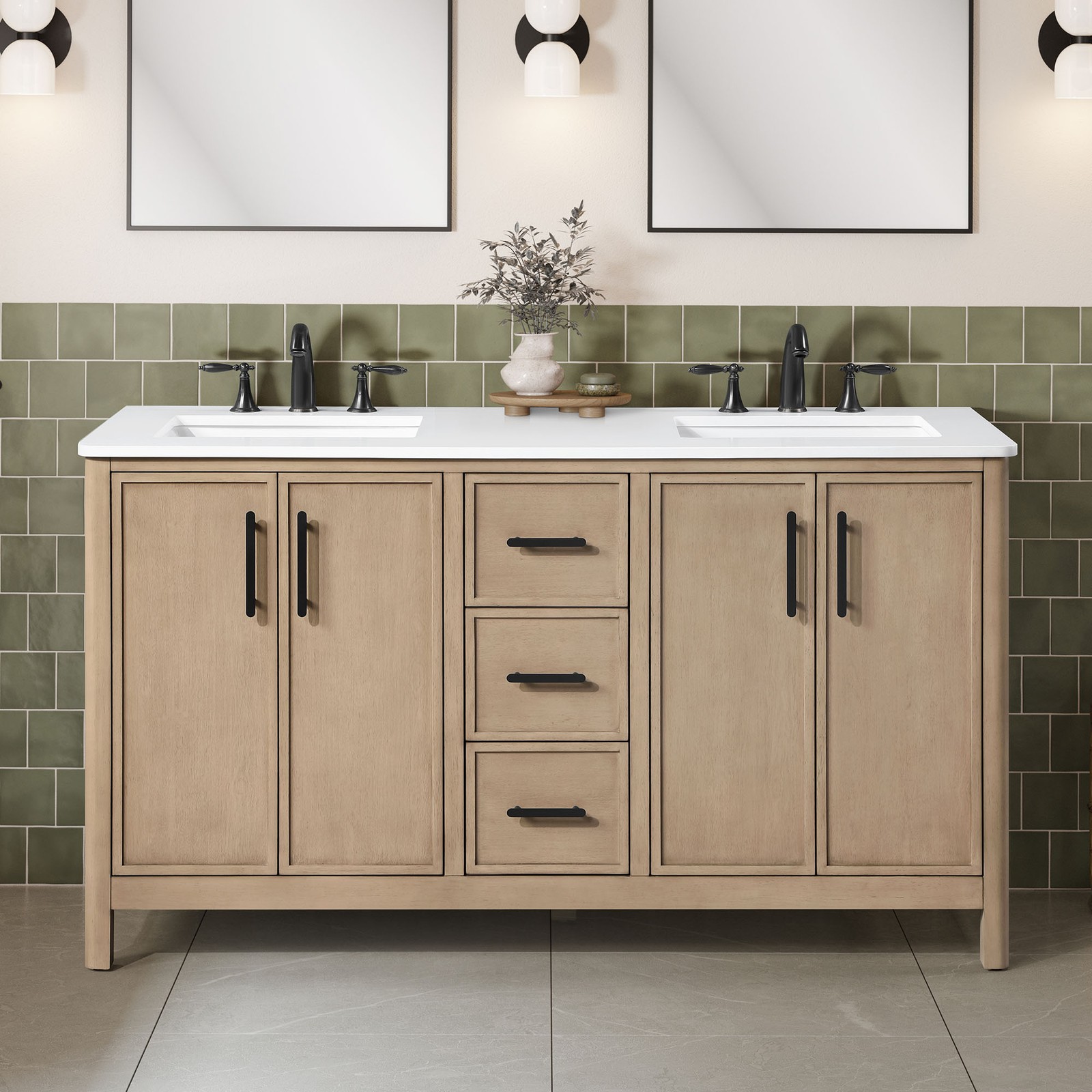 Solas 60″ Double Bathroom Vanity in Sahara Birch with White Countertop