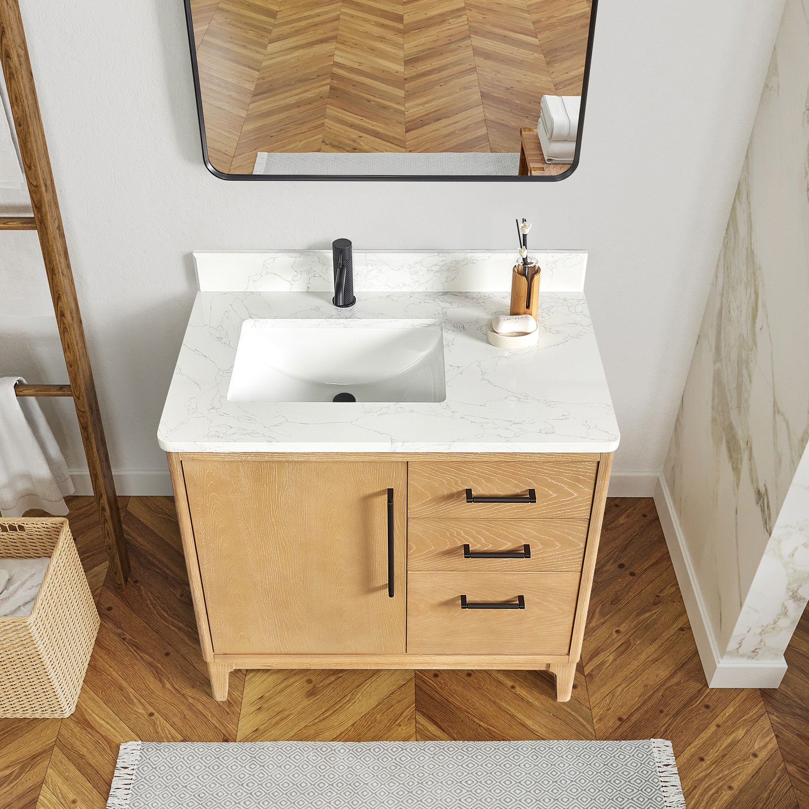 Gara 36″ Single Bath Vanity in Washed Ash Grey w/ White Grain Composite & Mirror