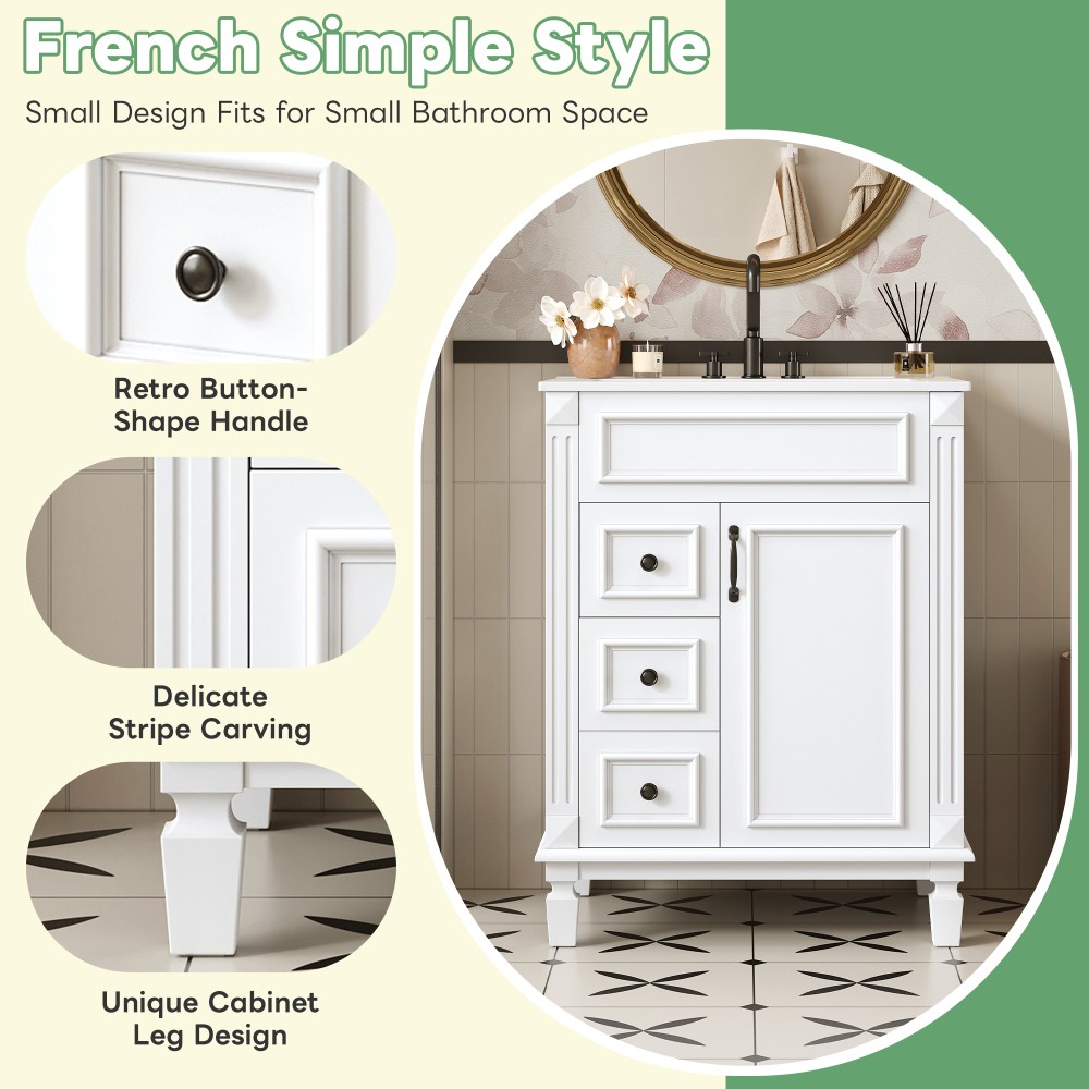 Bathroom vanity W ceramic sink Features two drawers Includes adjustable shelves